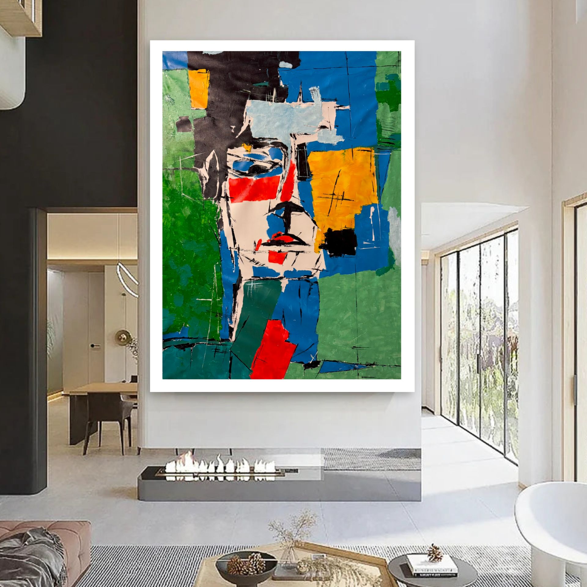 Contemporary Abstract Portrait Painting, Large Colorful Expressionist Face Art, Modern Cubist Canvas Wall Decor 36x48 inch