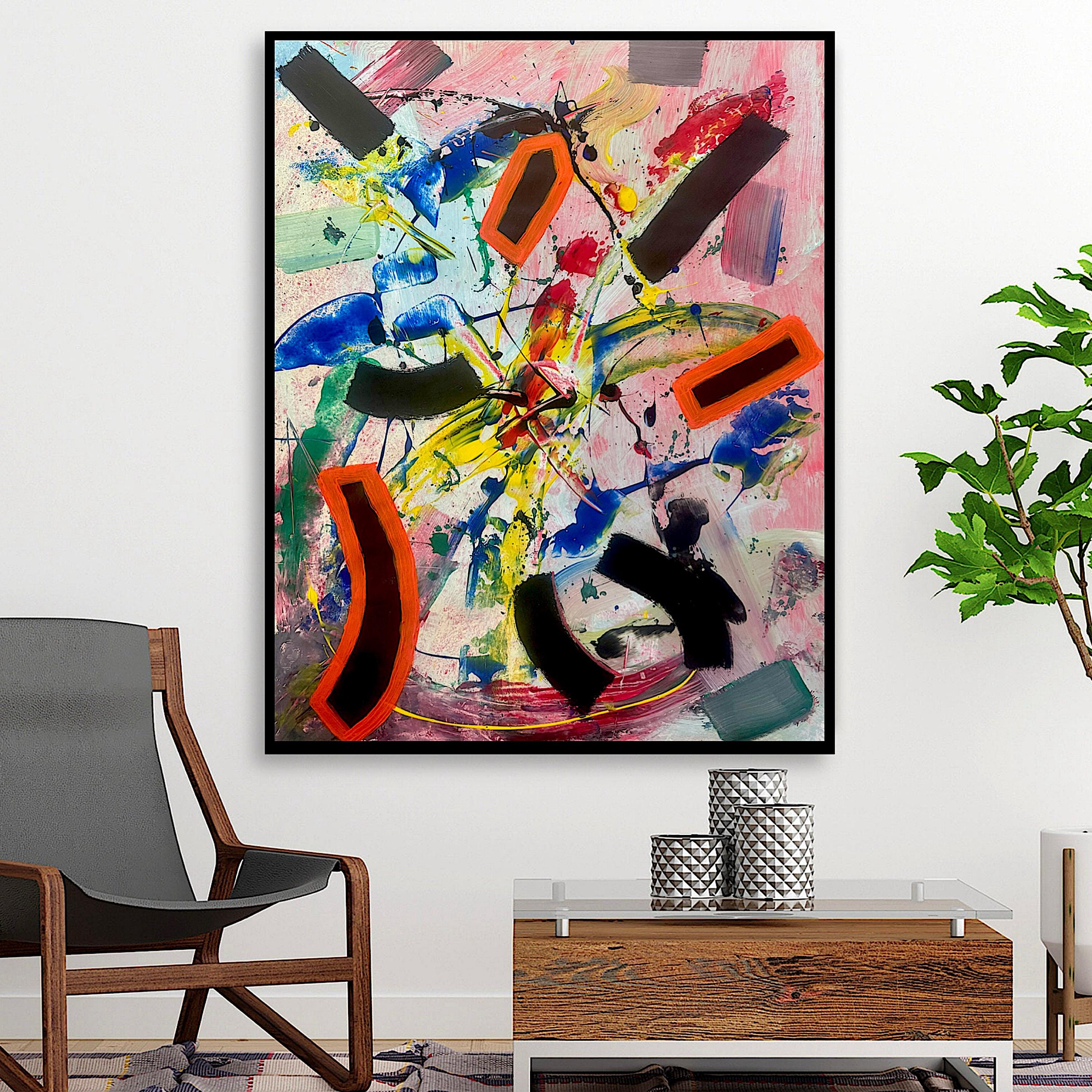 Handmade Abstract Acrylic Painting on Paper, Colorful Expressionist Wall Decor (22x28 inch)