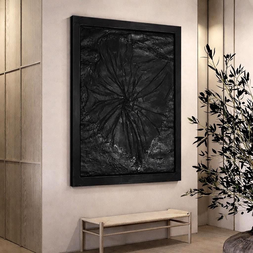 Black Abstract Textured Wall Art, Handmade Modern Art Painting, Dark Minimalist Contemporary Artwork,Framed Statement Piece (24x30 inch)