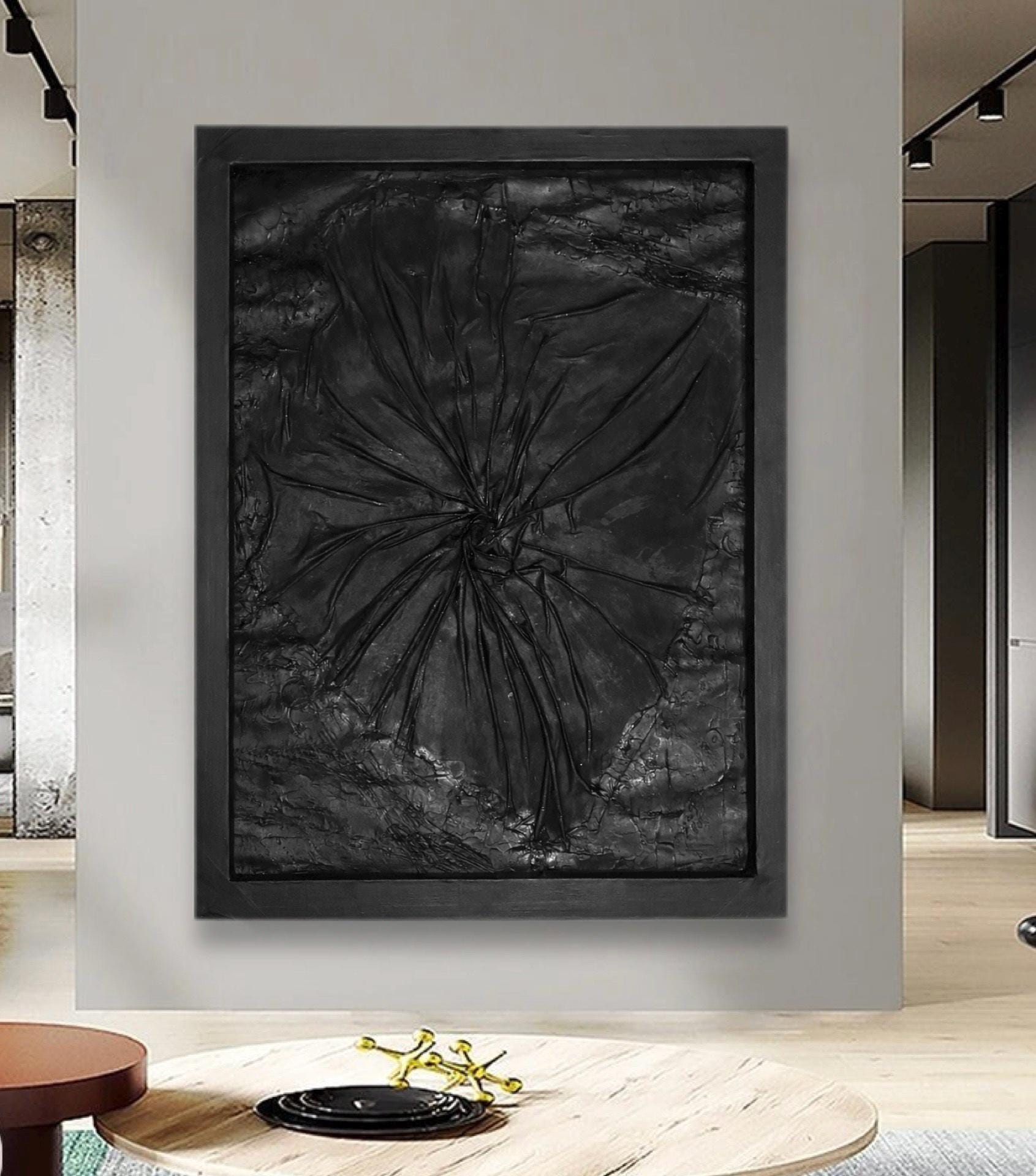 Black Abstract Textured Wall Art, Handmade Modern Art Painting, Dark Minimalist Contemporary Artwork,Framed Statement Piece (24x30 inch)