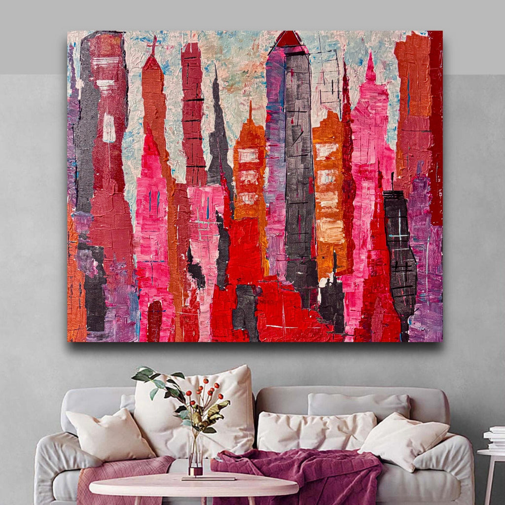 Abstract New York Cityscape Painting, Textured Acrylic Canvas Art (28x23 inch)