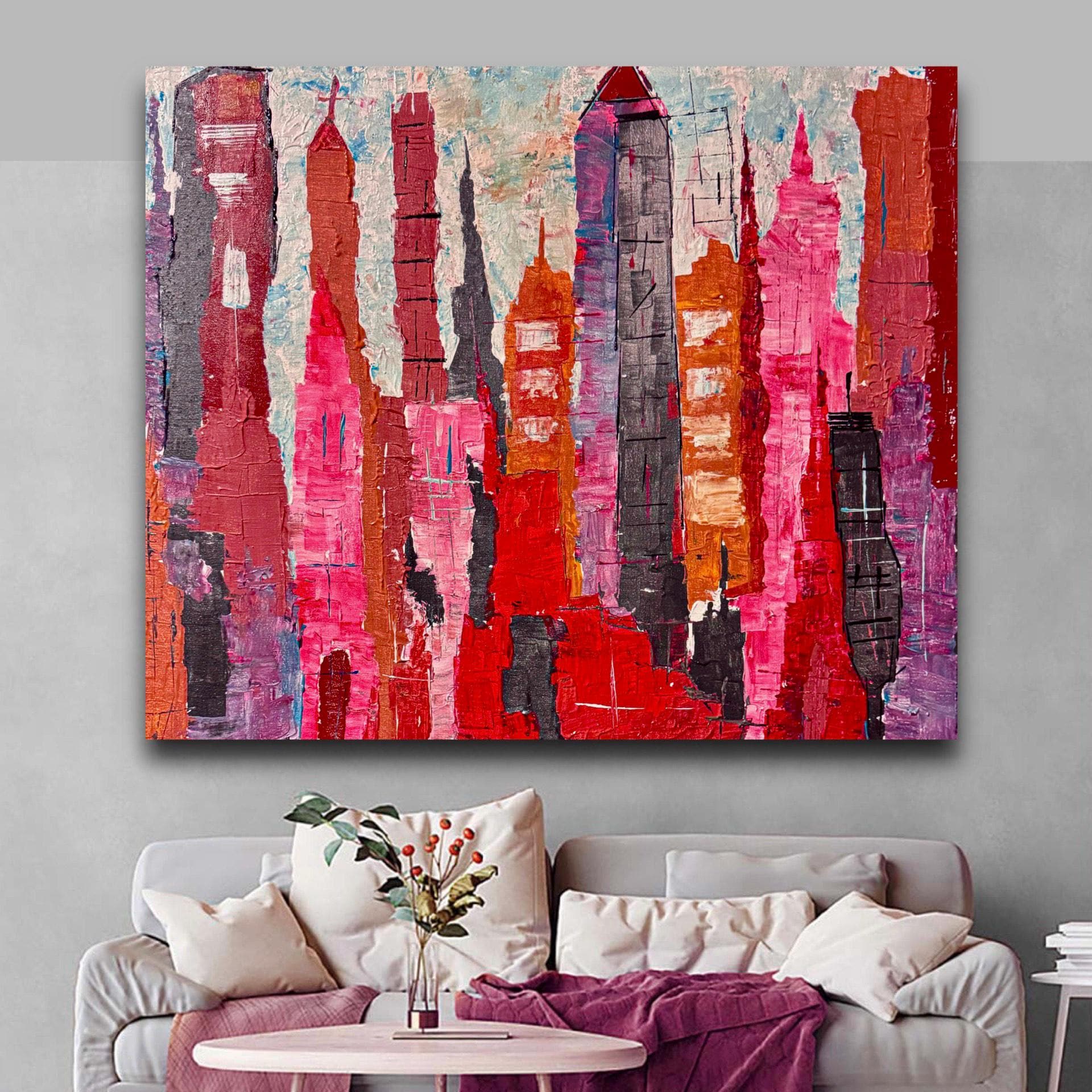 Abstract New York Cityscape Painting, Textured Acrylic Canvas Art (28x23 inch)