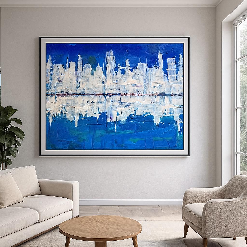 Abstract Cityscape Painting, Textured Palette Knife Acrylic, Skyline Wall Art (22x28 inch)