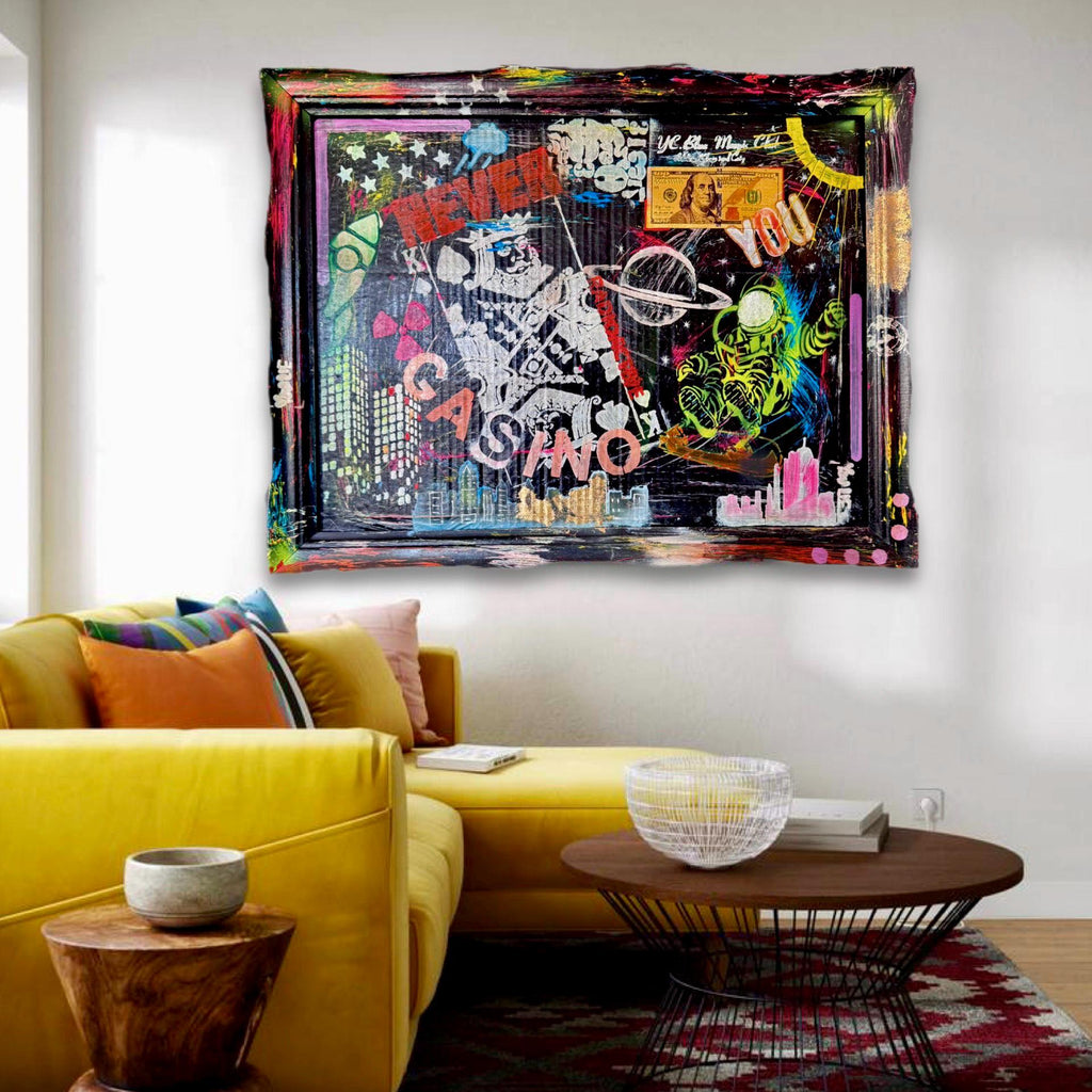 NYC Pop Art Painting: Cosmic Casino, Framed Original Artwork (27x21 inch)