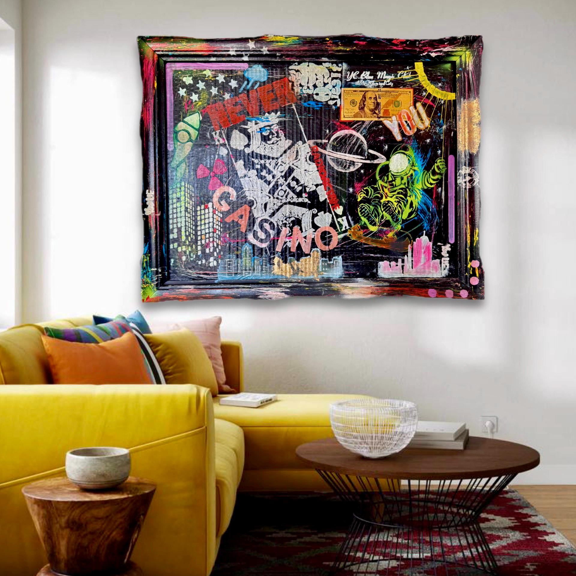 NYC Pop Art Painting: Cosmic Casino, Framed Original Artwork (27x21 inch)