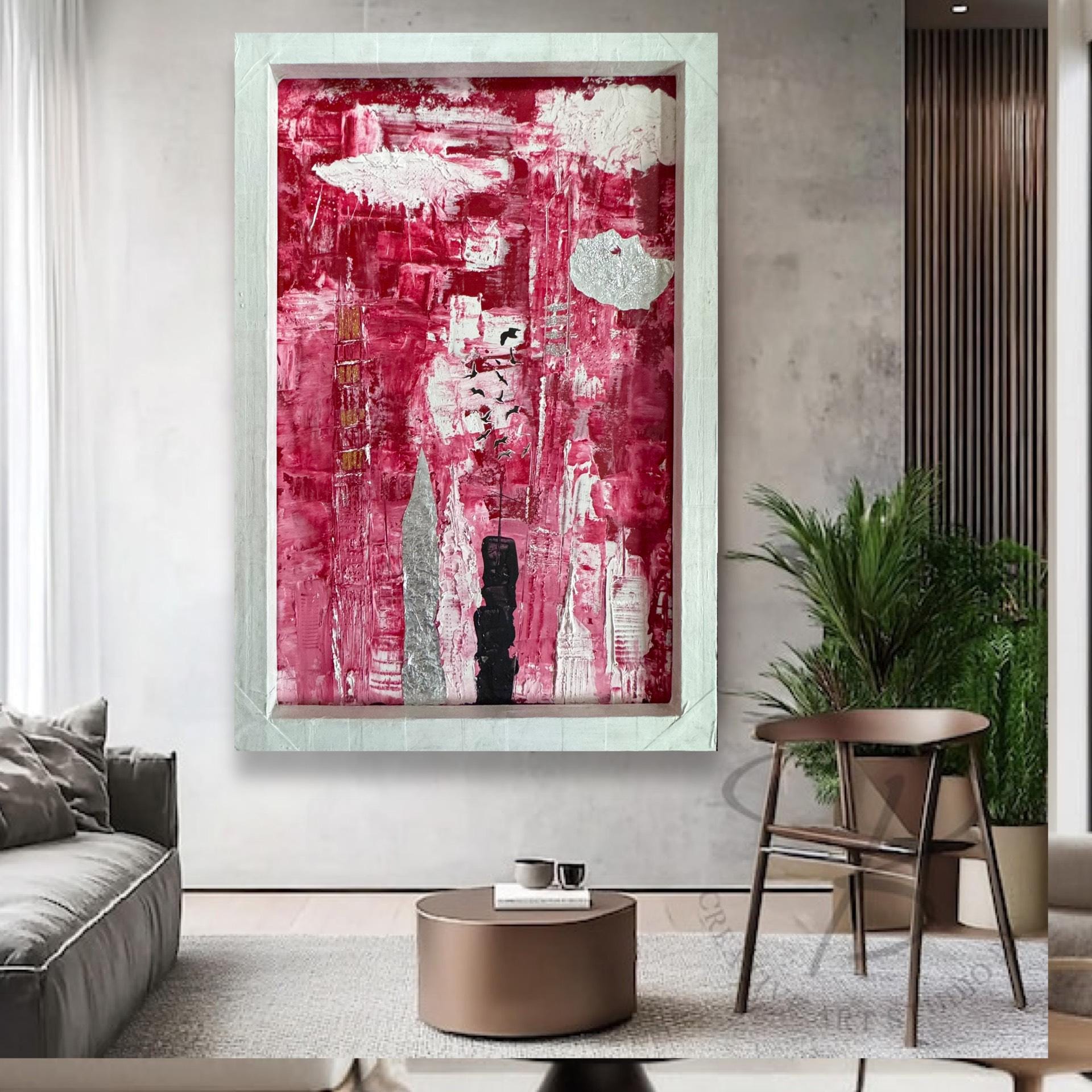 Abstract Manhattan Skyline Painting, Framed Modern Wall Art, Red White Urban Cityscape, Handmade Textured Acrylic Artwork  (21x32 inch)