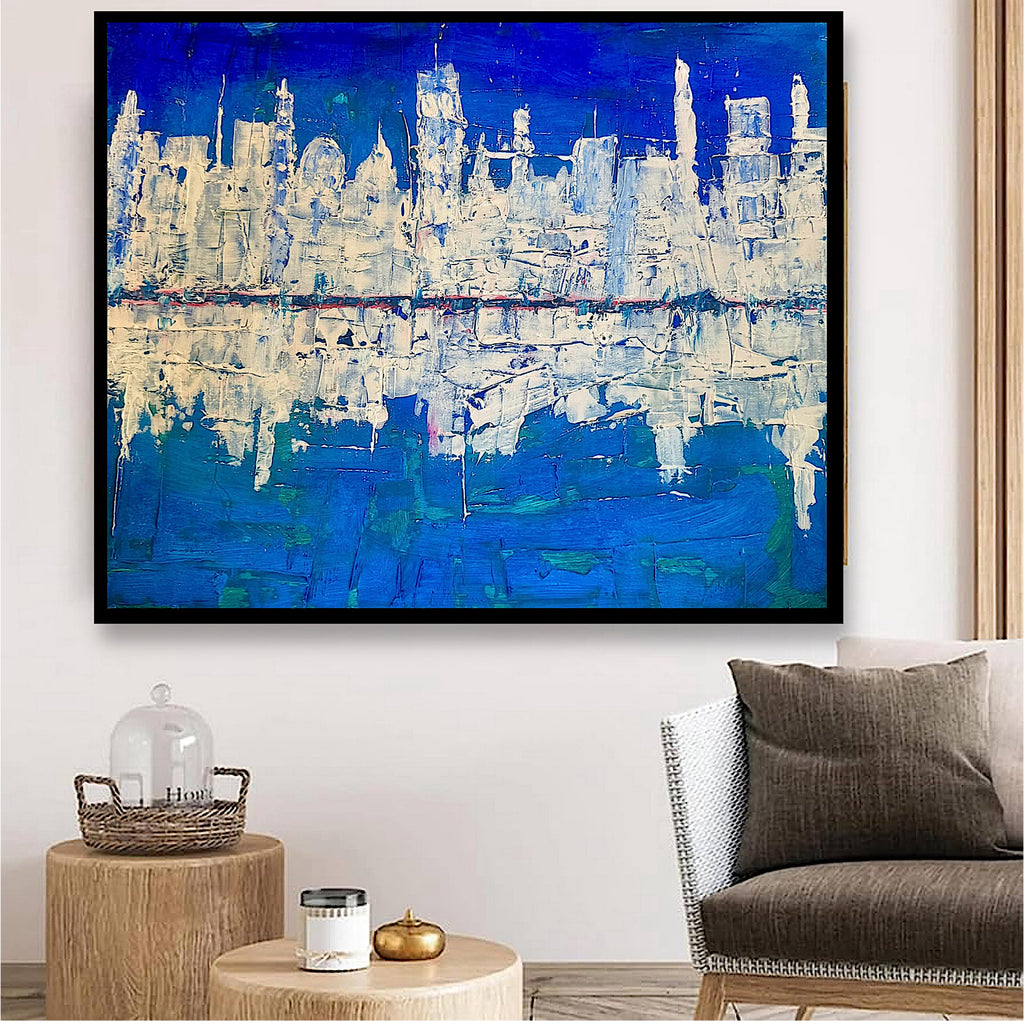 Abstract Cityscape Painting, Textured Palette Knife Acrylic, Skyline Wall Art (22x28 inch)