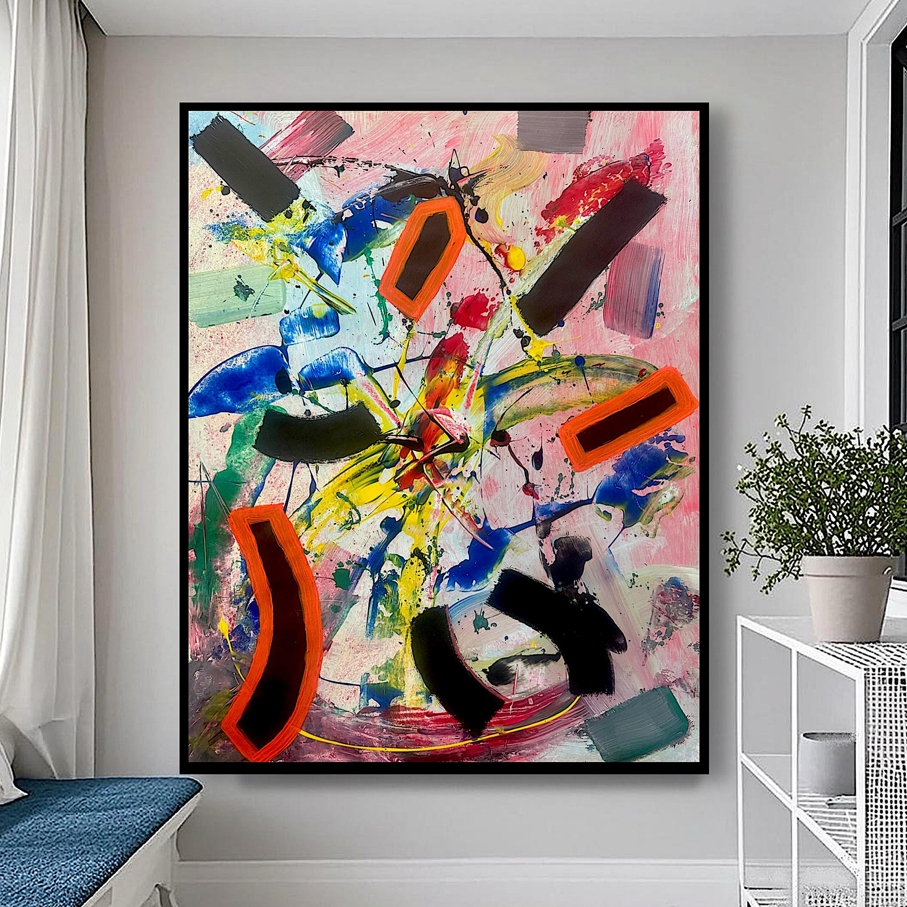 Handmade Abstract Acrylic Painting on Paper, Colorful Expressionist Wall Decor (22x28 inch)
