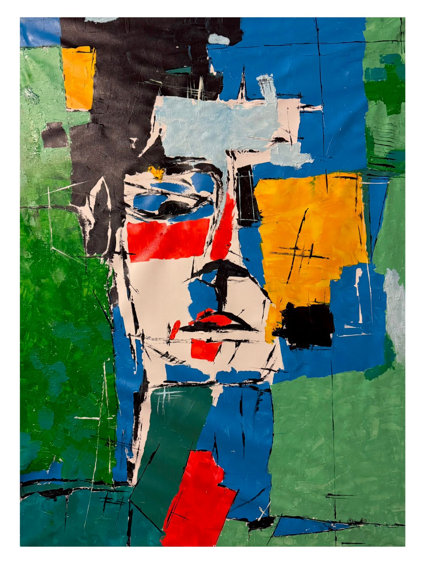 Contemporary Abstract Portrait Painting, Large Colorful Expressionist Face Art, Modern Cubist Canvas Wall Decor 36x48 inch