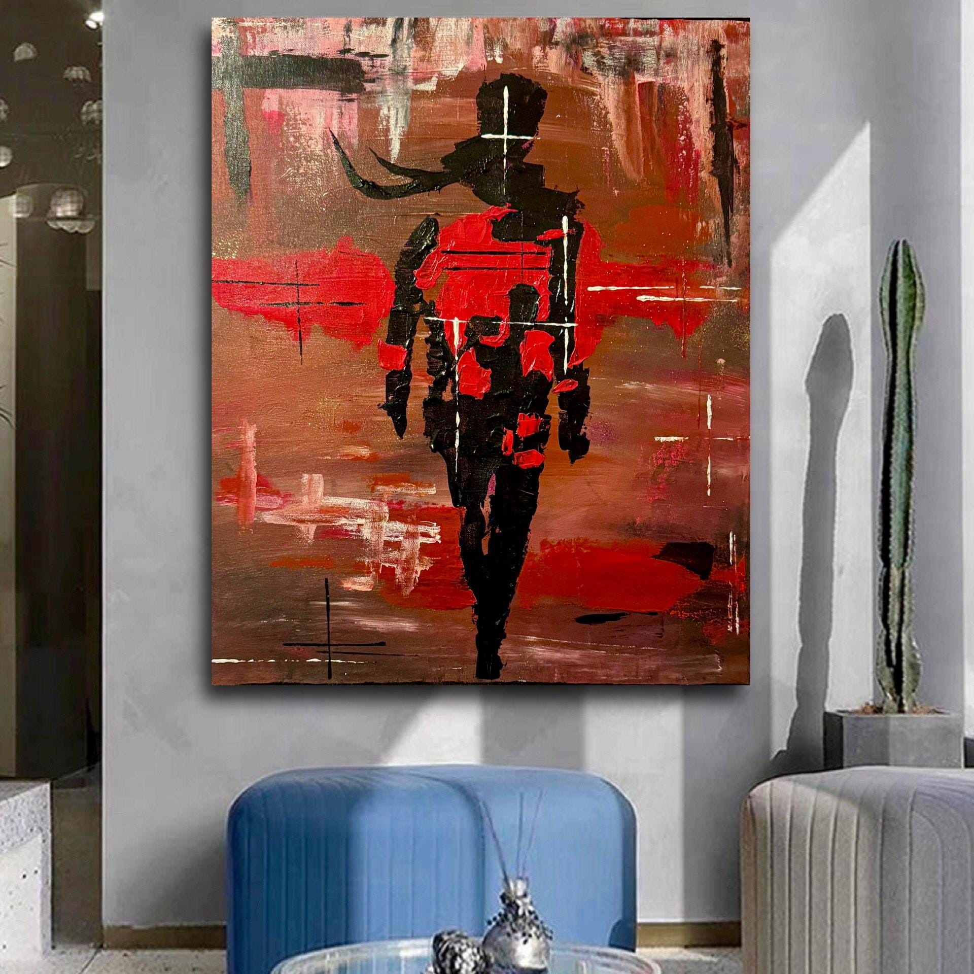 Abstract Expressionist Figurative Painting, Red Black Modern Art (20x24 inch Canvas)