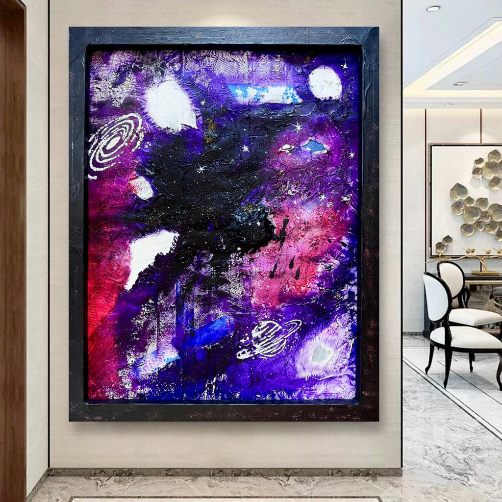 Abstract Cosmic Galaxy Painting, Purple Space Art, Textured Acrylic, Modern Wall Art, Framed Original Artwork (24x30 inch)