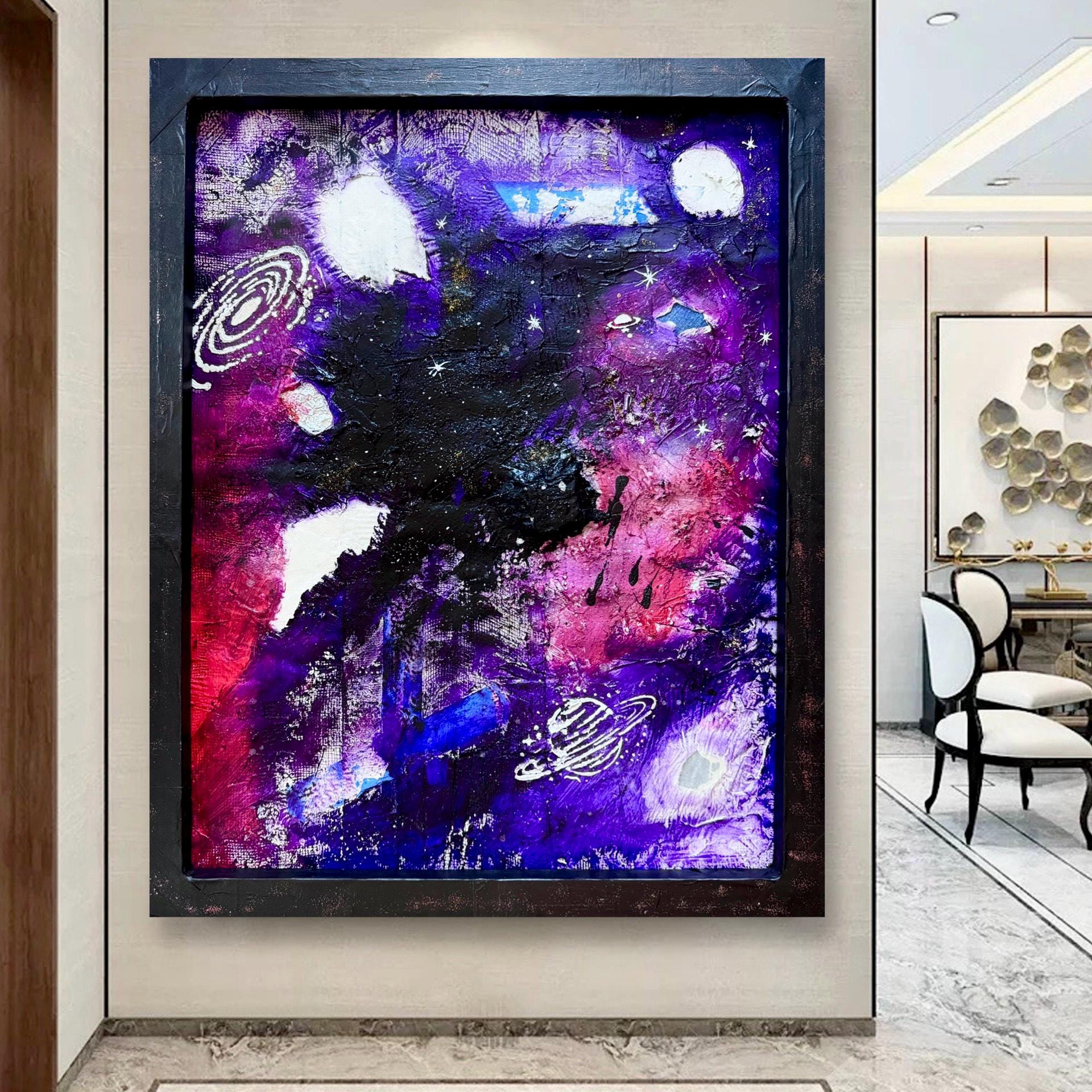 Abstract Cosmic Galaxy Painting, Purple Space Art, Textured Acrylic, Modern Wall Art, Framed Original Artwork (24x30 inch)