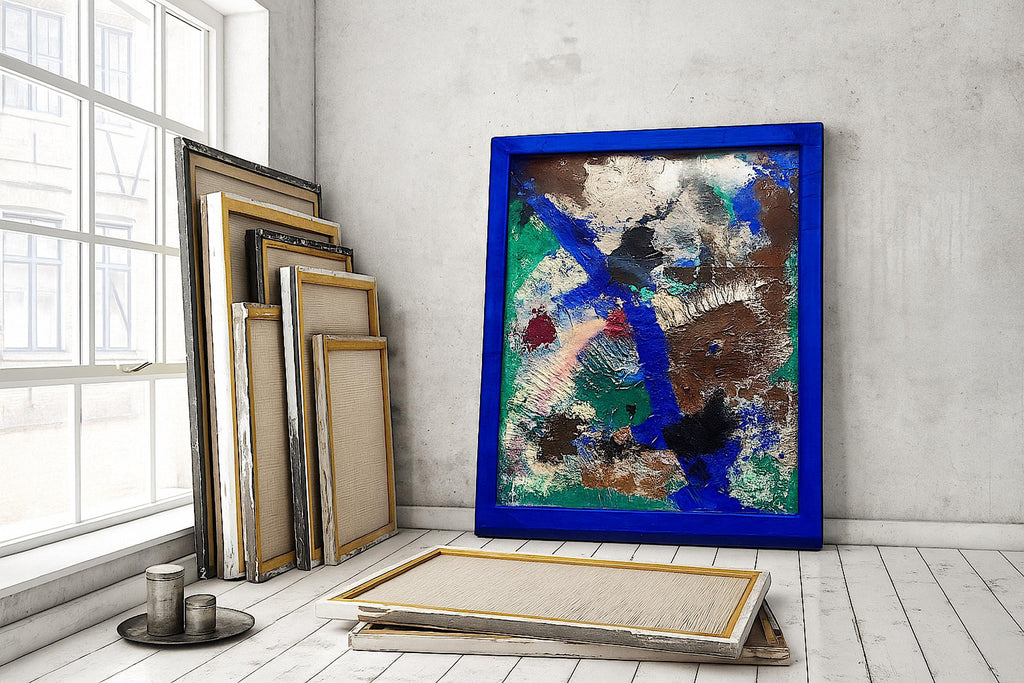Abstract Textured Wall Art, Framed Original Acrylic Painting on Reinforced Poster, Signed Blue Frame Modern Art (29.5x23.5 inch)