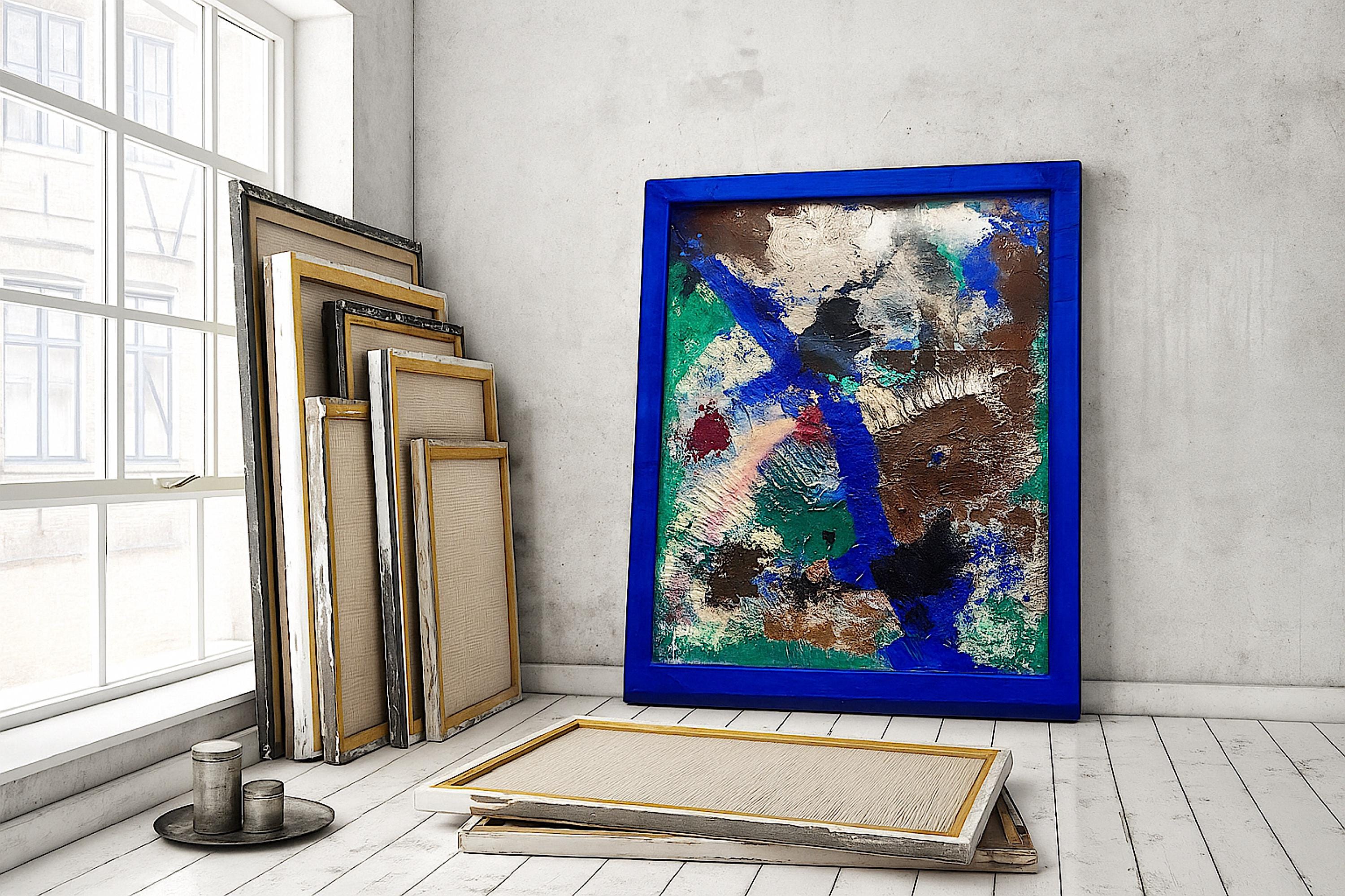 Abstract Textured Wall Art, Framed Original Acrylic Painting on Reinforced Poster, Signed Blue Frame Modern Art (29.5x23.5 inch)
