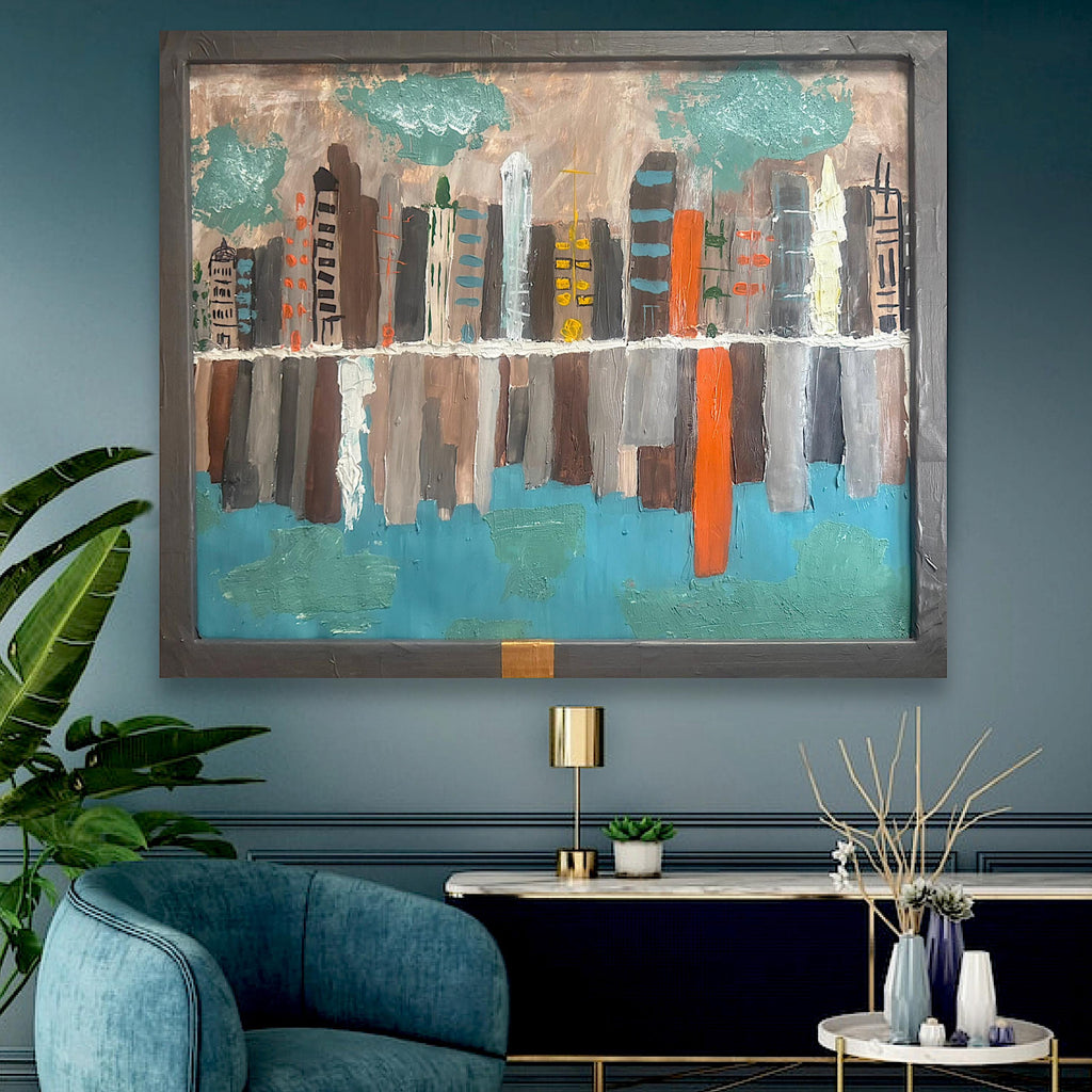Framed Abstract American City Skyline Painting, Hand Painting Acrylic Texture Art on Reinforced Poster, Modern Wall Art (29x24 inch)