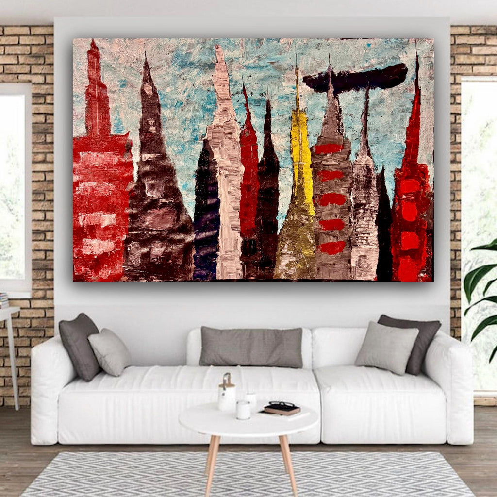 Textured Acrylic Manhattan Skyline Painting, Modern NYC Wall Art (36x24 inch)