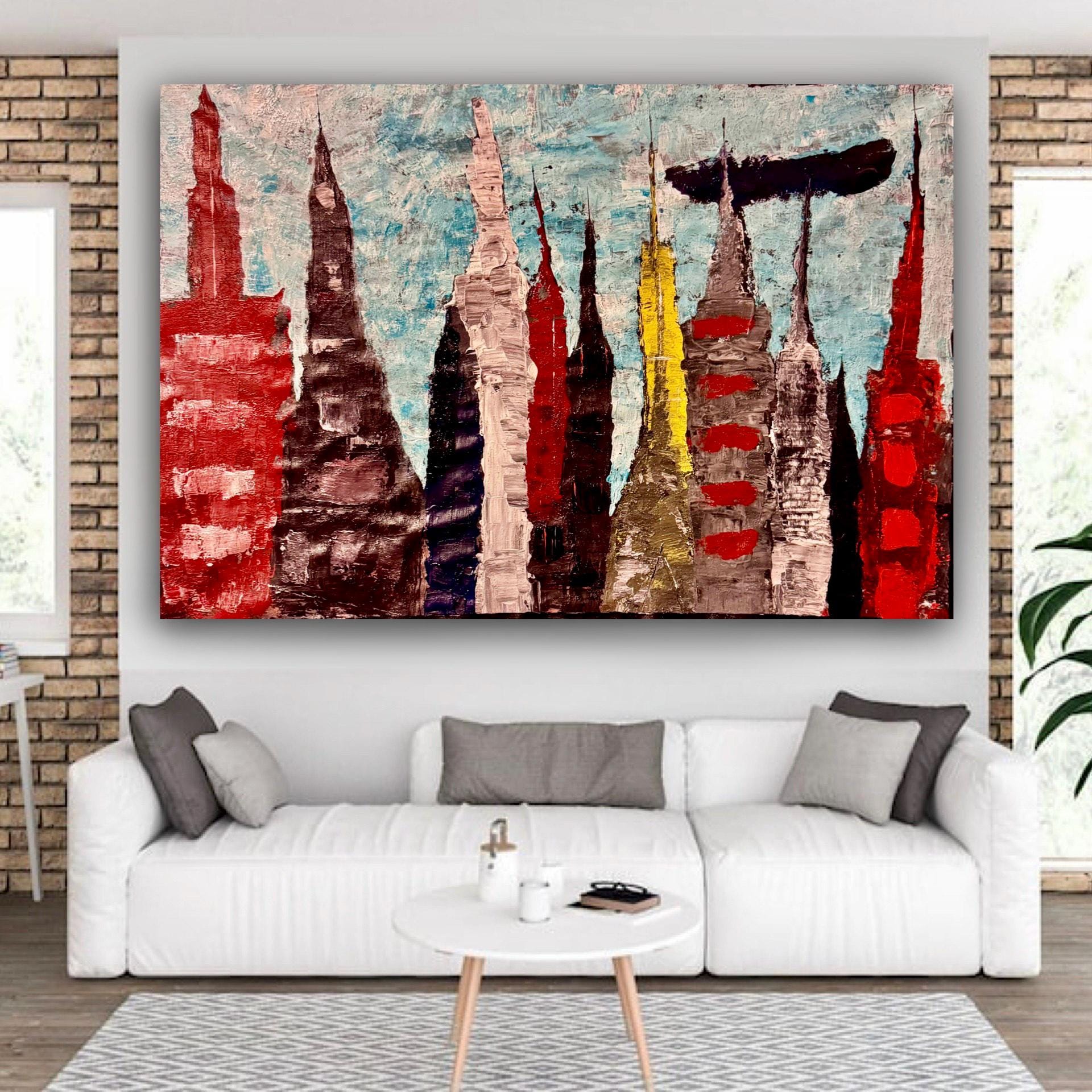 Textured Acrylic Manhattan Skyline Painting, Modern NYC Wall Art (36x24 inch)