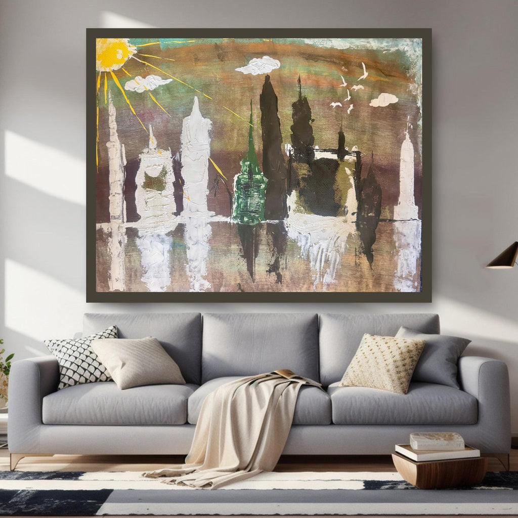 Handmade Abstract Manhattan Skyline Painting, Expressionist Acrylic Art (28x22 inch)