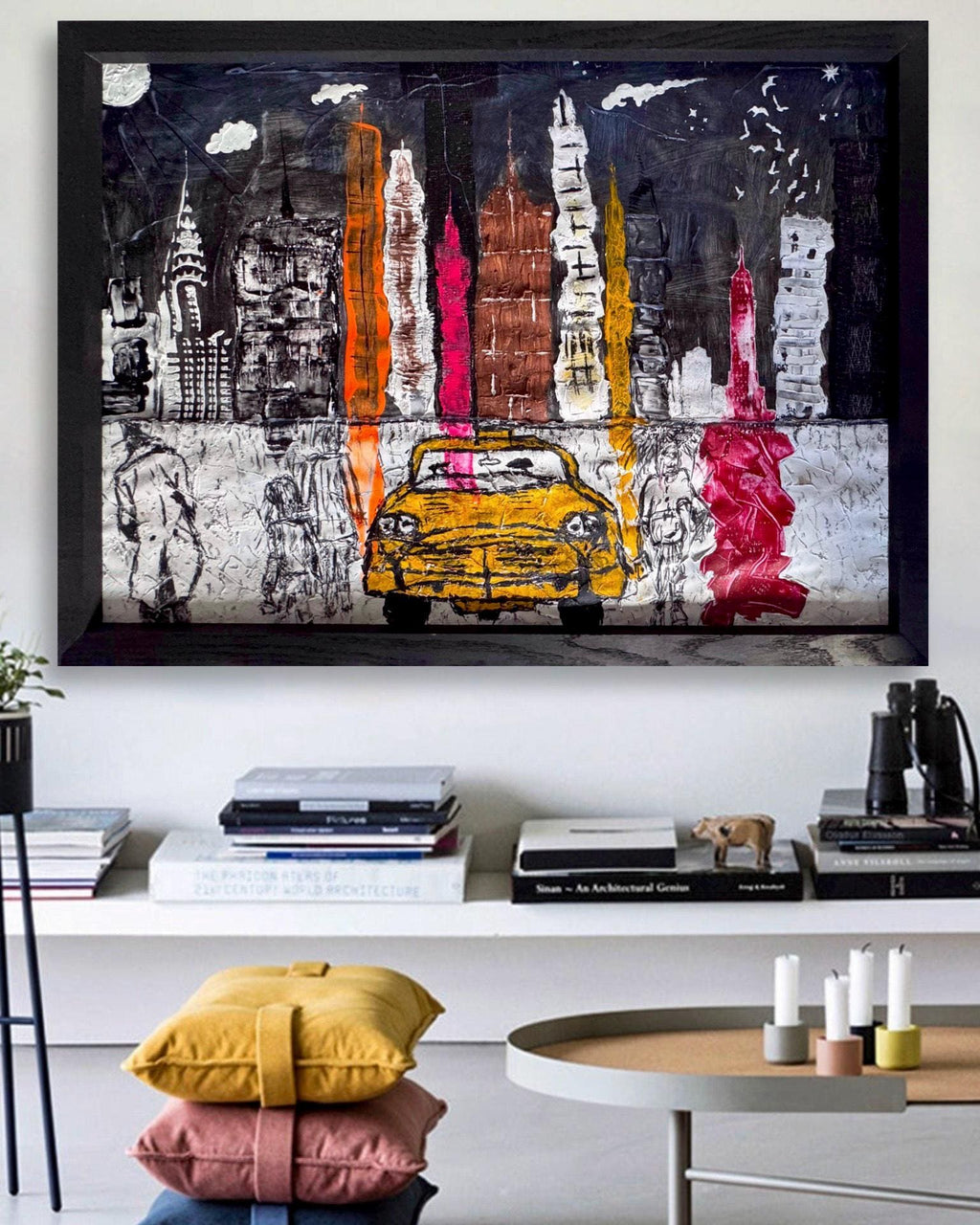 Abstract New York Skyline Art, Manhattan City Painting, Textured Mixed Media Artwork, Framed Contemporary Urban Wall Art (41.5x30 inch)