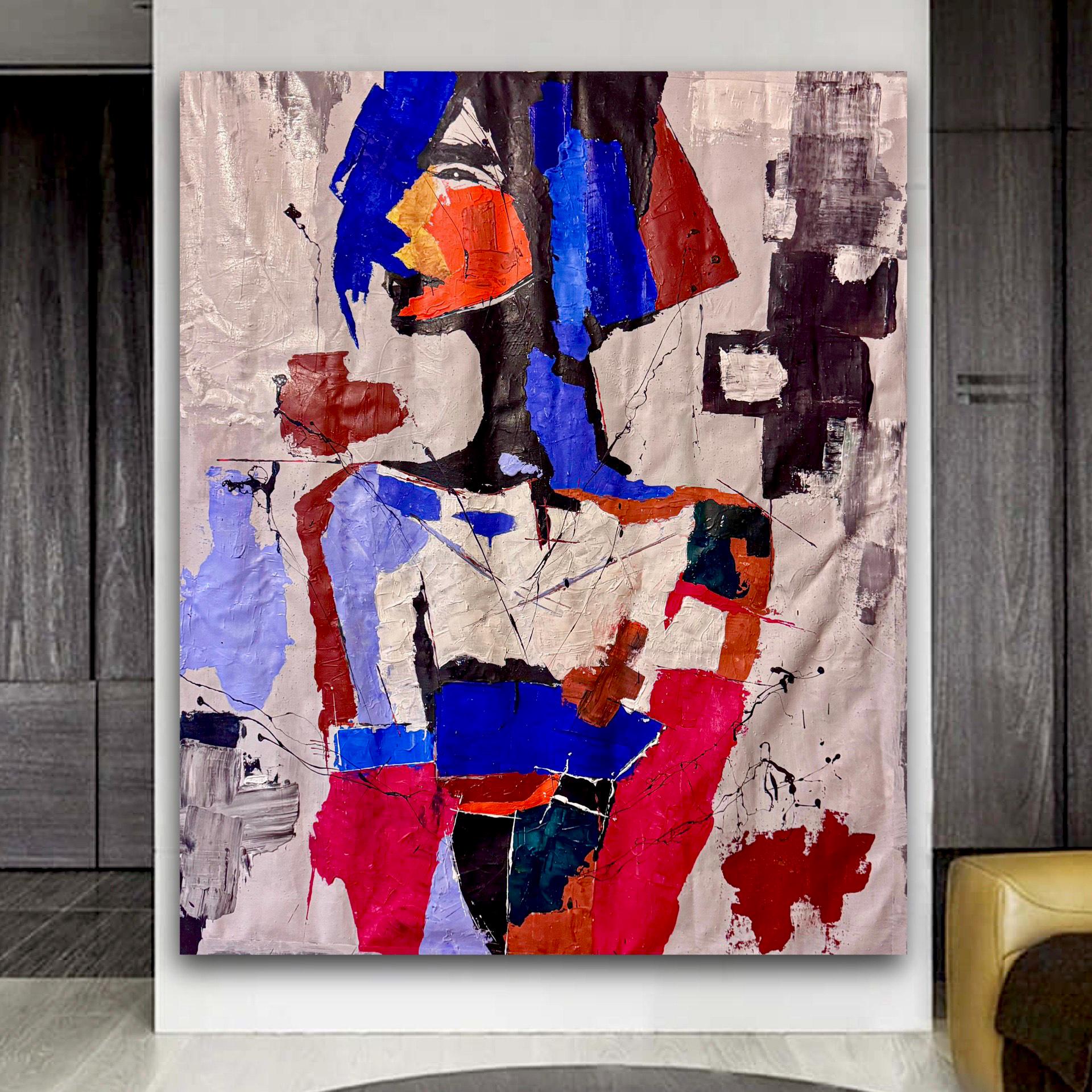 Original Abstract Portrait Painting, Bold Colors, Modern Wall Art (36x43 inch Canvas)
