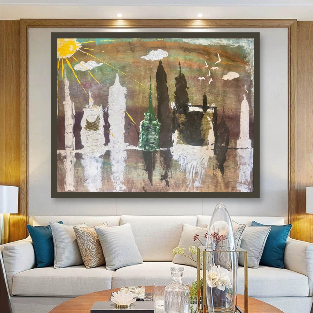 Handmade Abstract Manhattan Skyline Painting, Expressionist Acrylic Art (28x22 inch)