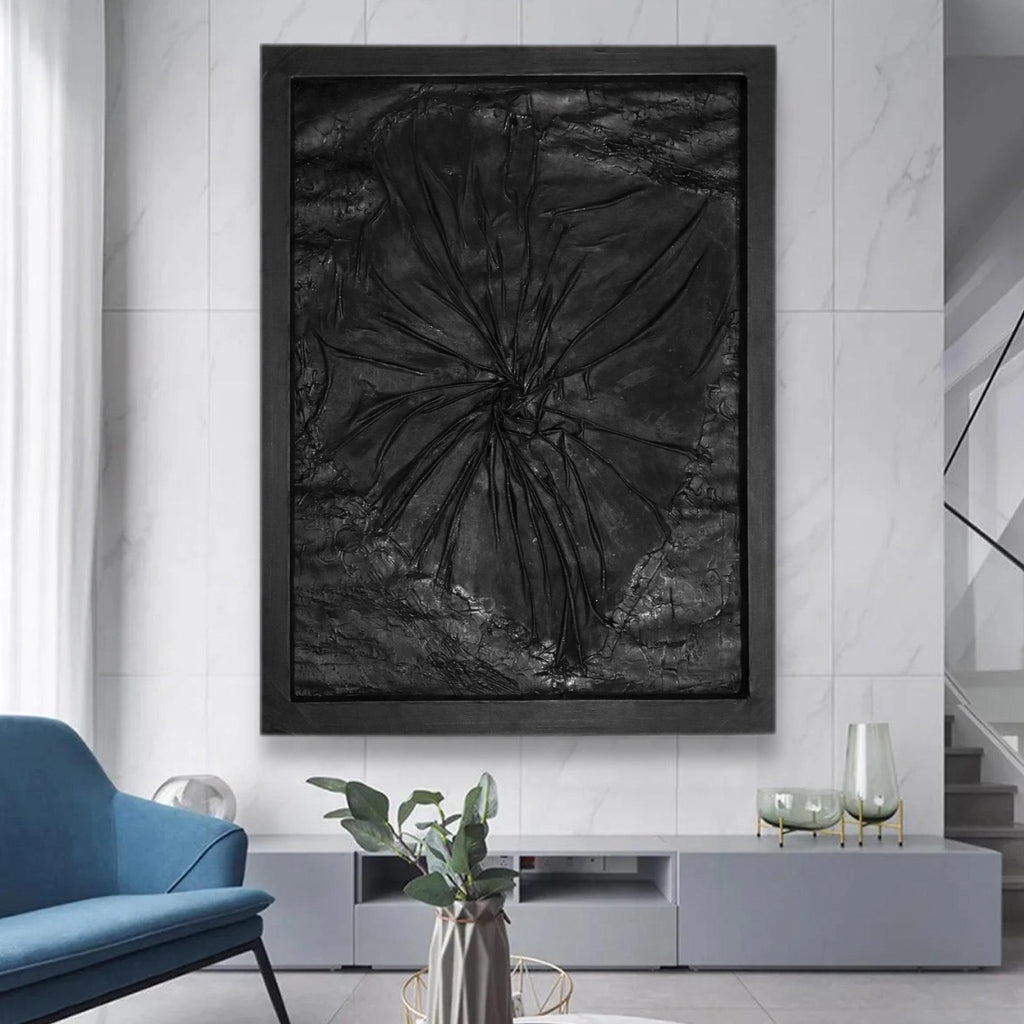 Black Abstract Textured Wall Art, Handmade Modern Art Painting, Dark Minimalist Contemporary Artwork,Framed Statement Piece (24x30 inch)