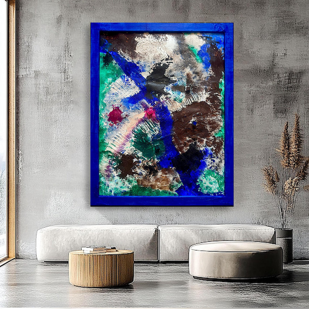 Abstract Textured Wall Art, Framed Original Acrylic Painting on Reinforced Poster, Signed Blue Frame Modern Art (29.5x23.5 inch)