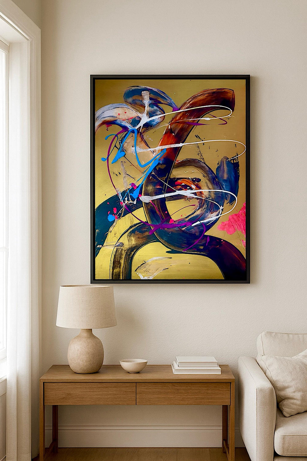 Handmade Abstract Acrylic Painting, Gold Accent, Modern Wall Art (22x28 inch)