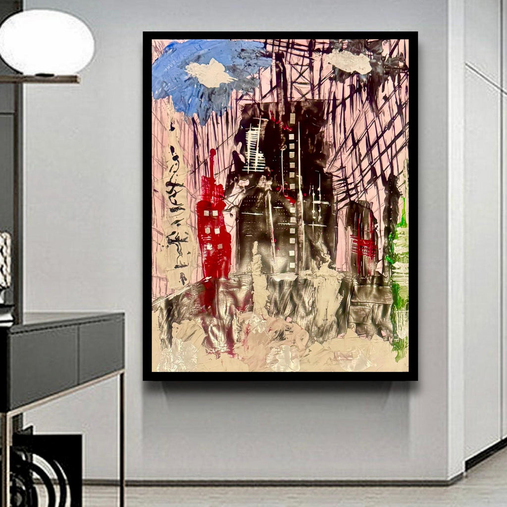 Abstract City Skyline Wall Art, Textured Acrylic Painting, Modern Urban Art, Handmade Contemporary Artwork, Framed Original Art (22x28 inch)