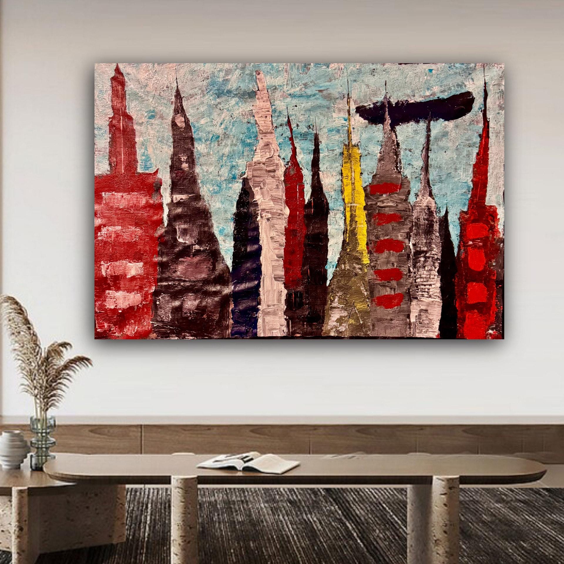 Textured Acrylic Manhattan Skyline Painting, Modern NYC Wall Art (36x24 inch)