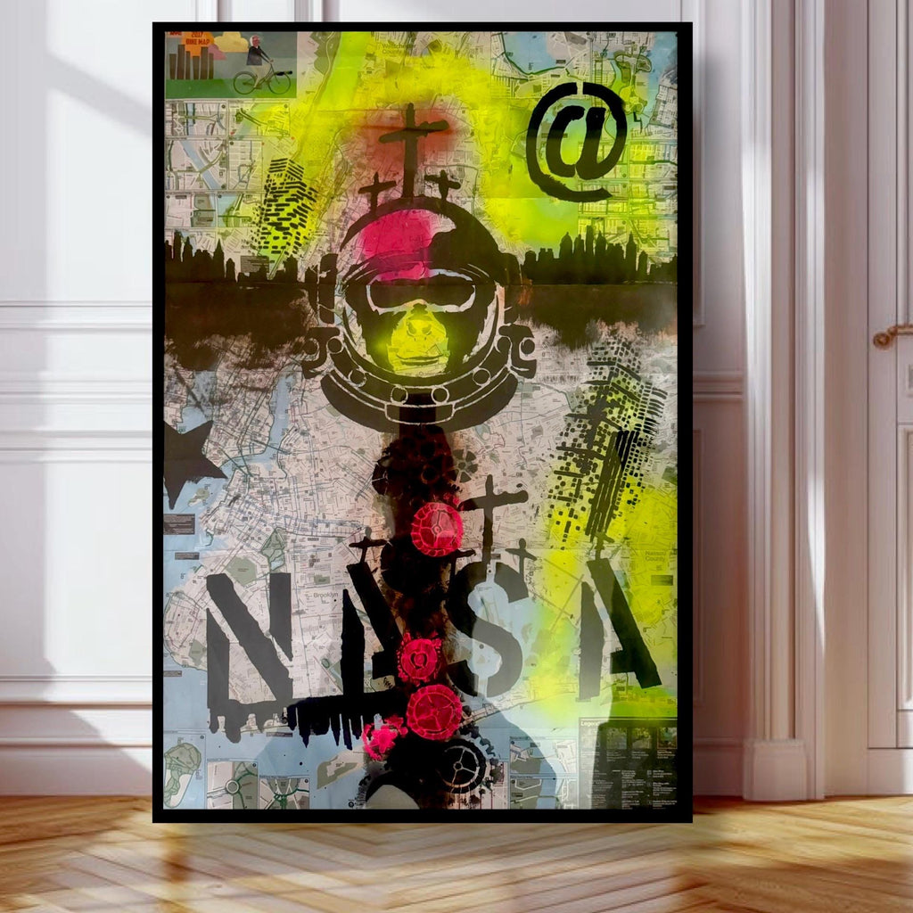 Pop Art NYC Bike Map: Monkey in Space Helmet, Neon Spray Paint, Framed (24x36 inch)