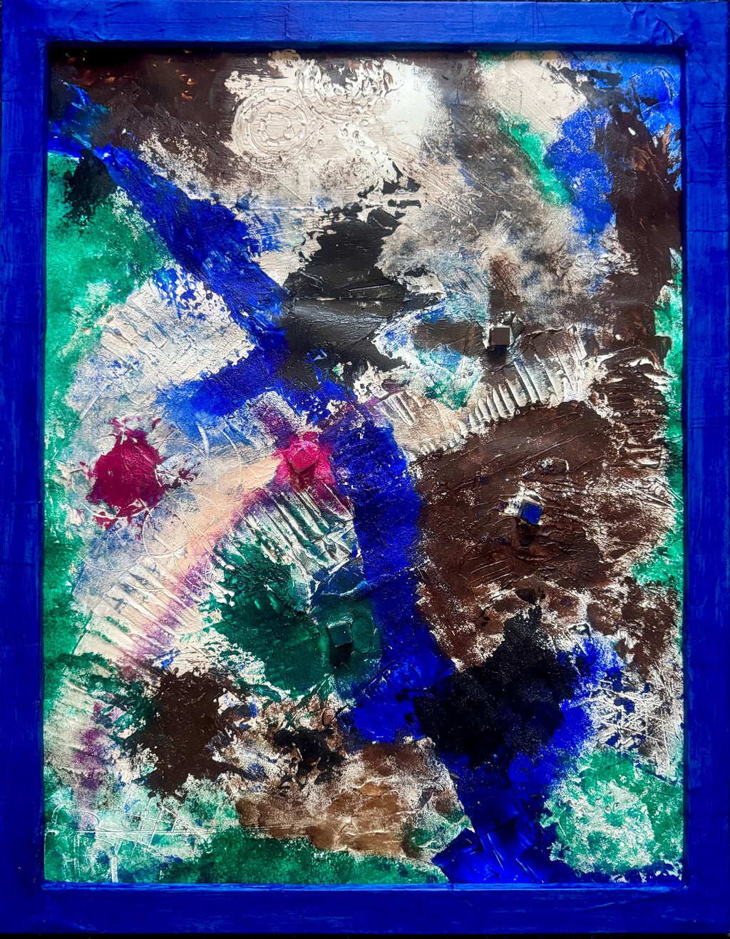 Abstract Textured Wall Art, Framed Original Acrylic Painting on Reinforced Poster, Signed Blue Frame Modern Art (29.5x23.5 inch)