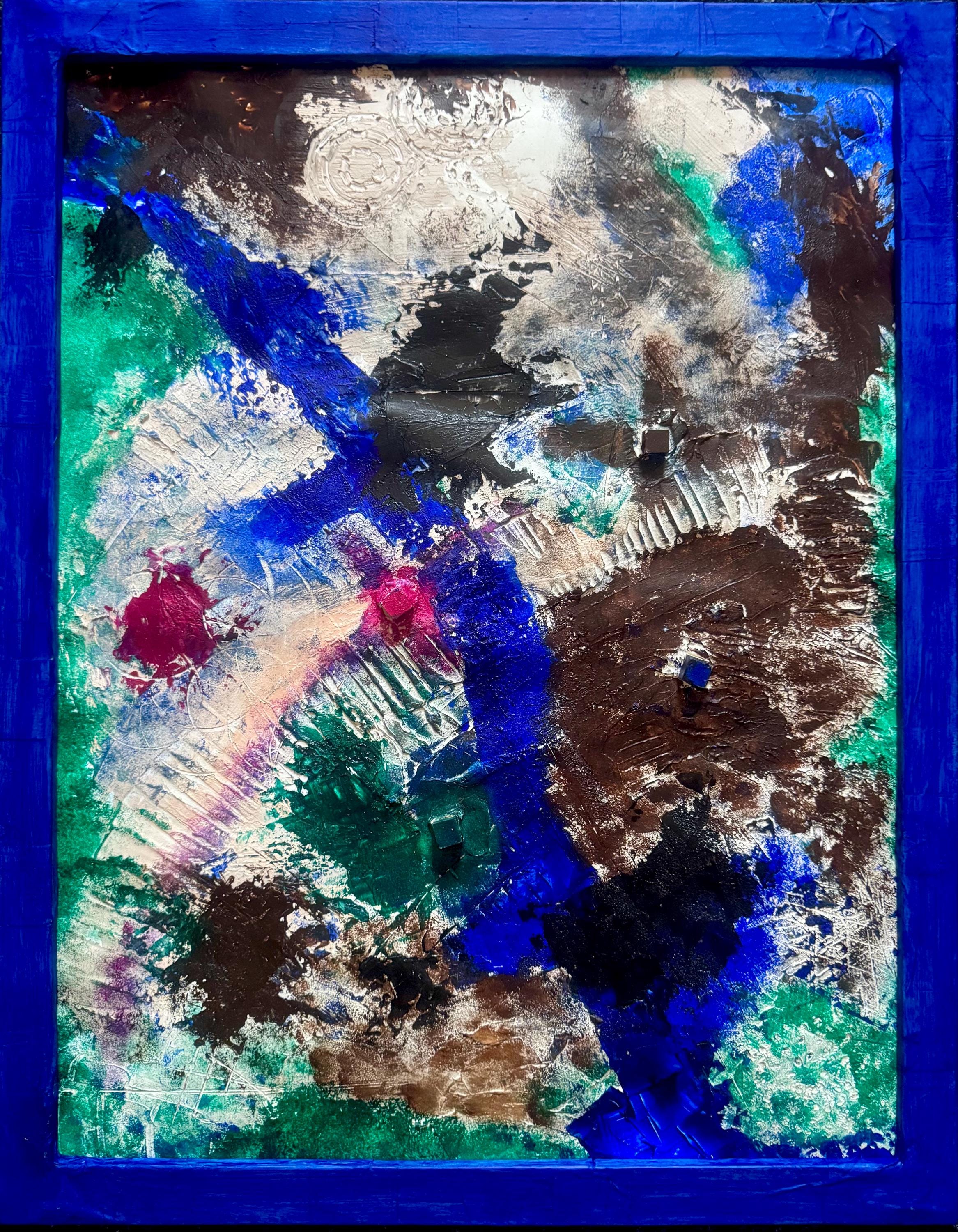 Abstract Textured Wall Art, Framed Original Acrylic Painting on Reinforced Poster, Signed Blue Frame Modern Art (29.5x23.5 inch)