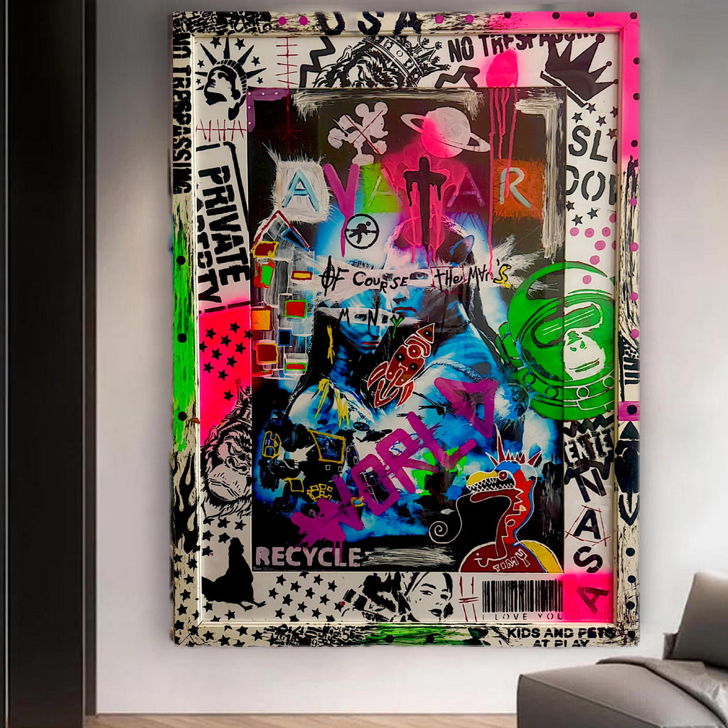 Avatar Pop Art: Hand-Painted Mixed Media Graffiti Art (32.5x44.5 inch)