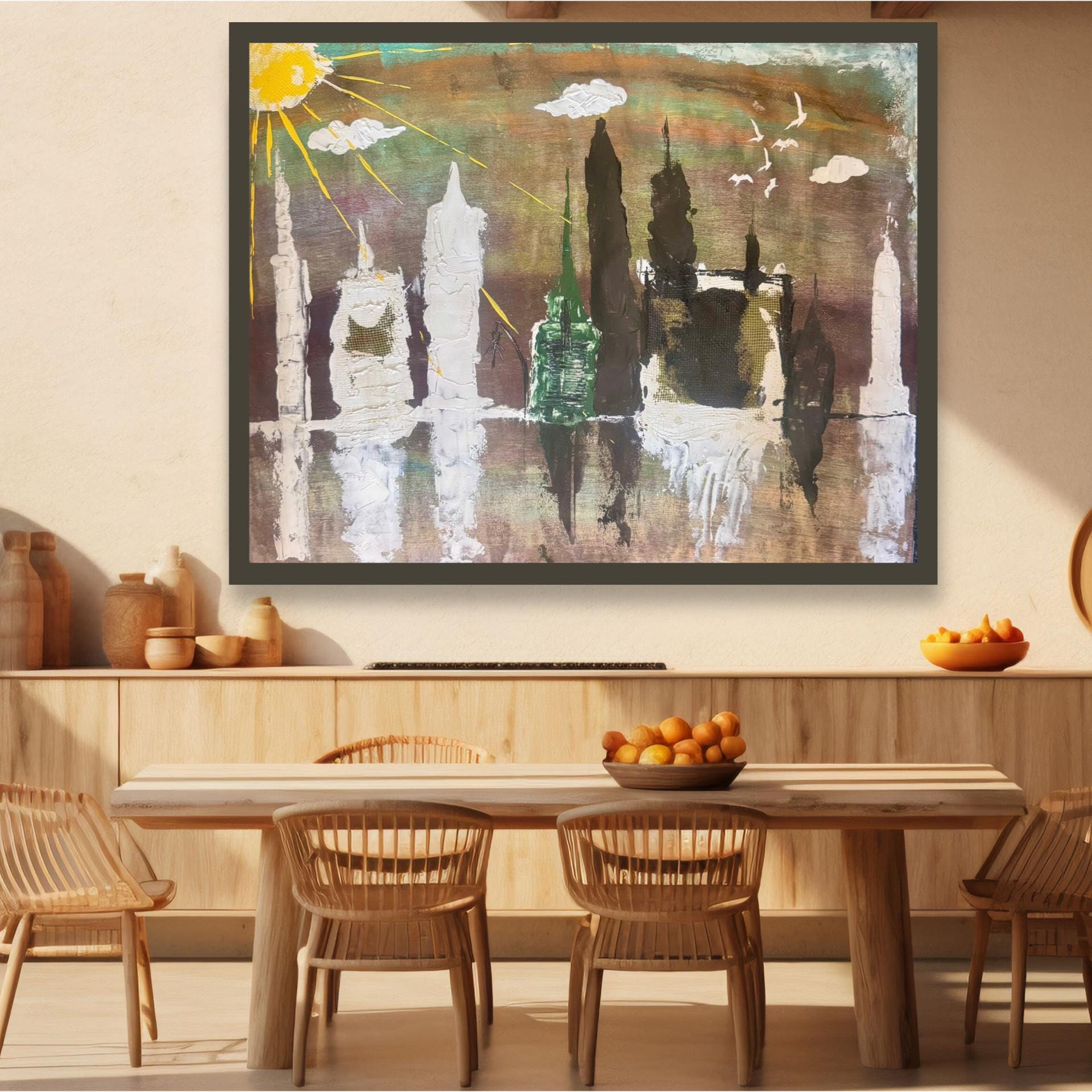 Handmade Abstract Manhattan Skyline Painting, Expressionist Acrylic Art (28x22 inch)