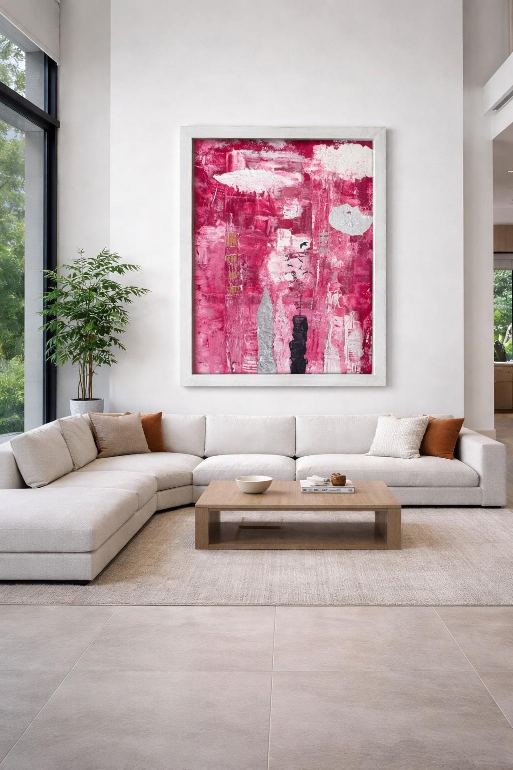 Abstract Manhattan Skyline Painting, Framed Modern Wall Art, Red White Urban Cityscape, Handmade Textured Acrylic Artwork  (21x32 inch)