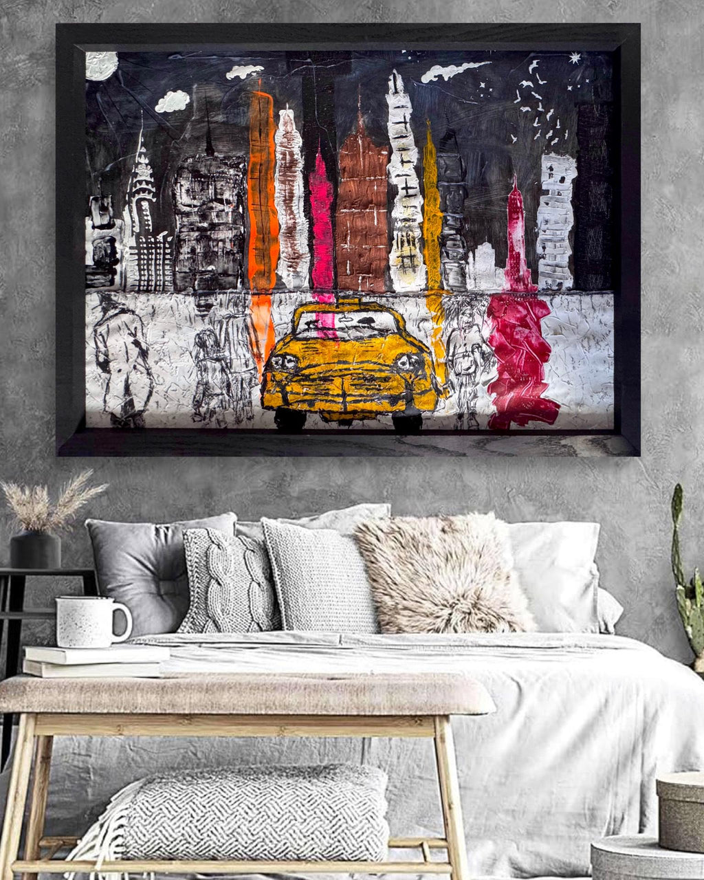 Abstract New York Skyline Art, Manhattan City Painting, Textured Mixed Media Artwork, Framed Contemporary Urban Wall Art (41.5x30 inch)