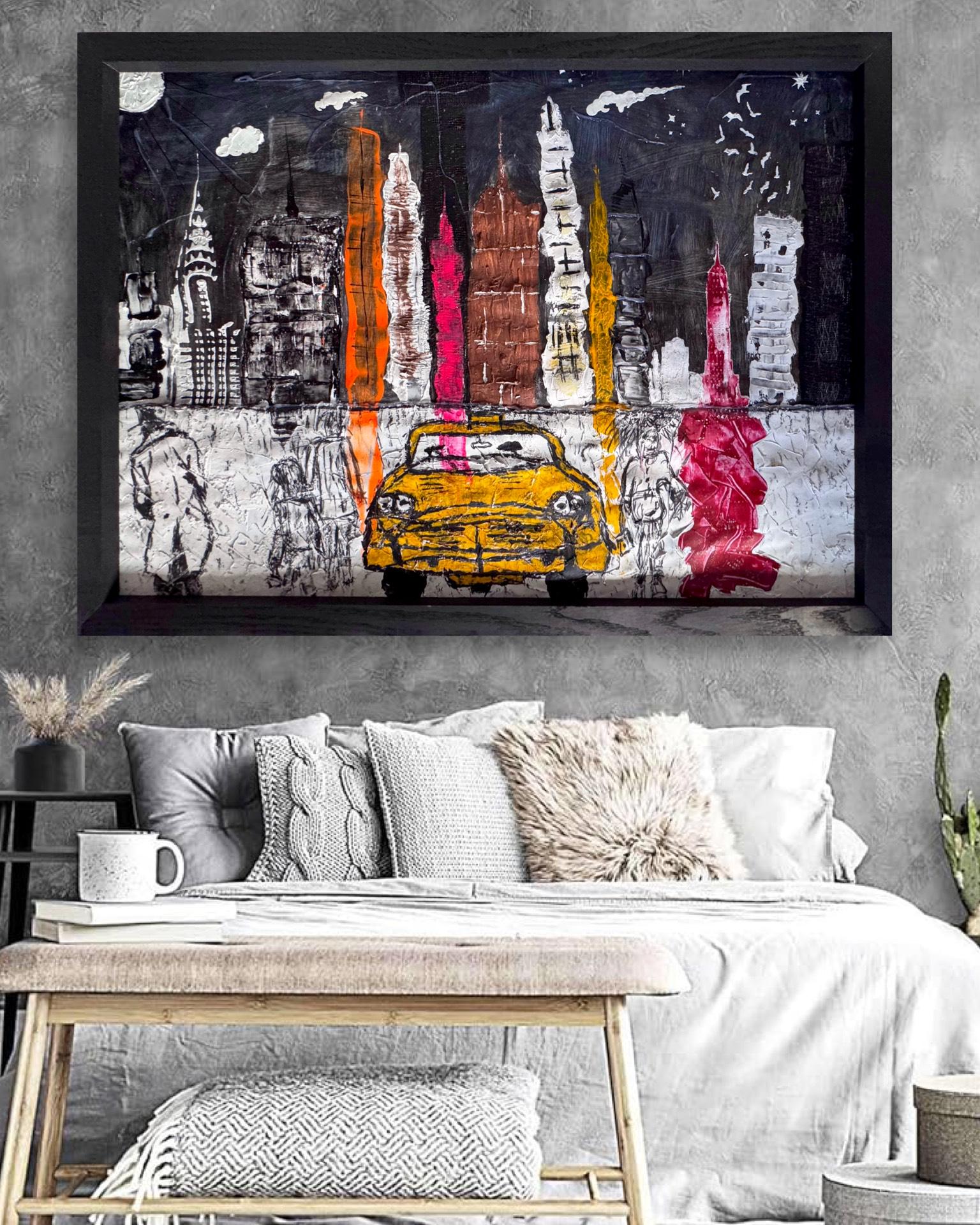 Abstract New York Skyline Art, Manhattan City Painting, Textured Mixed Media Artwork, Framed Contemporary Urban Wall Art (41.5x30 inch)