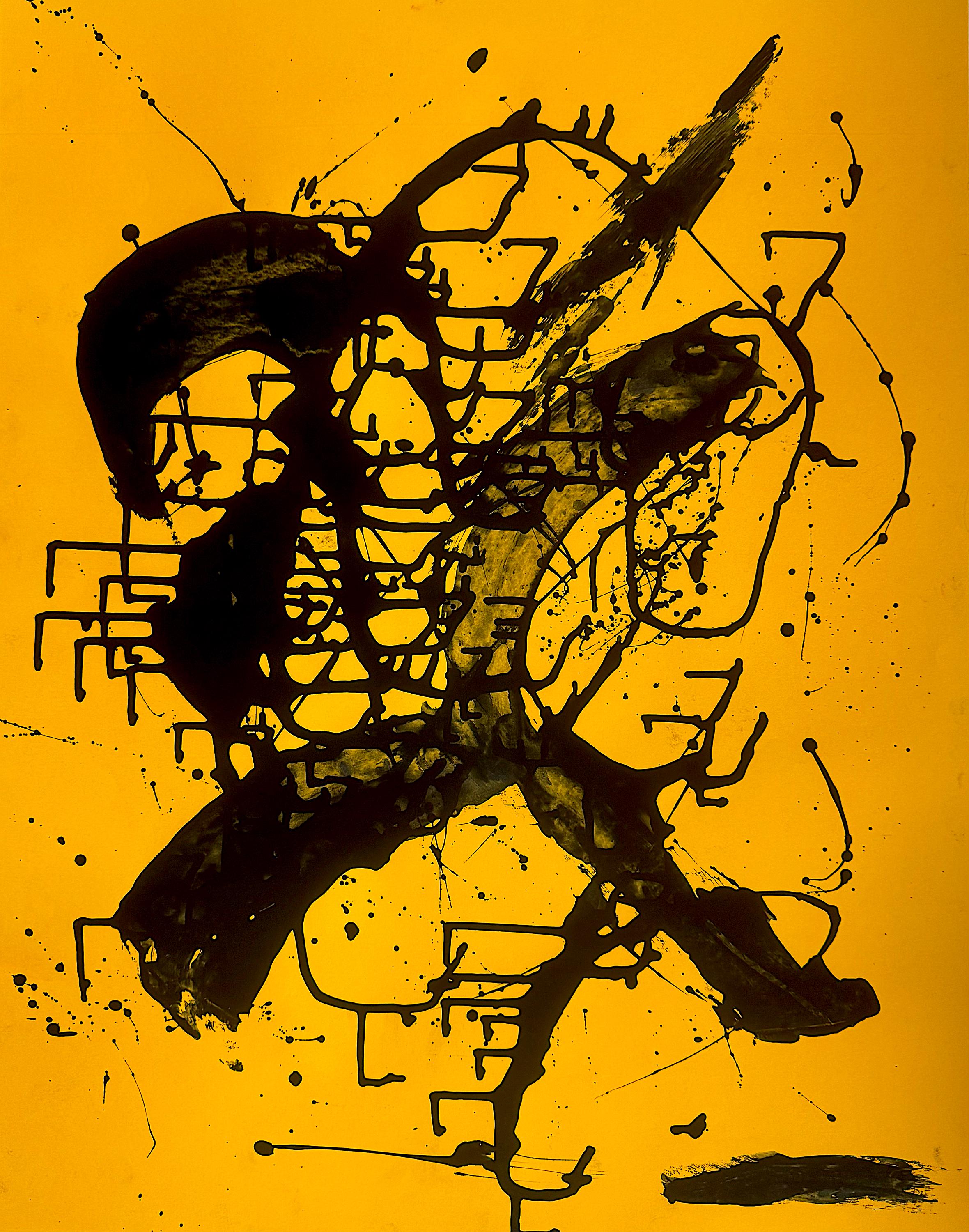 Handmade Expressionist Painting, Black & Yellow Abstract Art (22x28 inch)