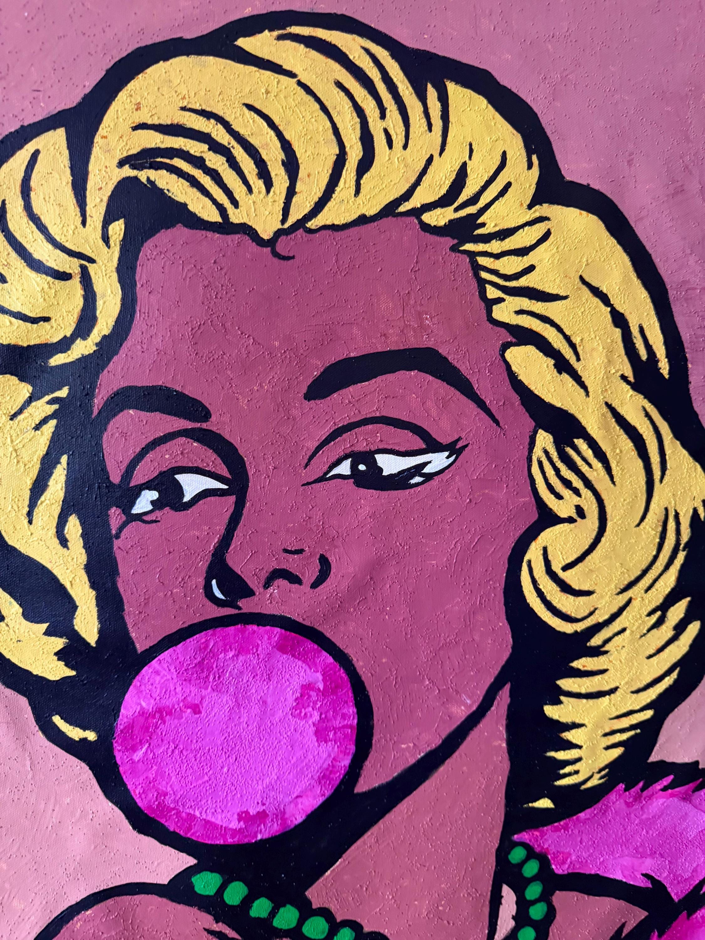 Original Acrylic Pop Art Portrait on Canvas, Expressionist Woman with Bubblegum (24x36 inch)