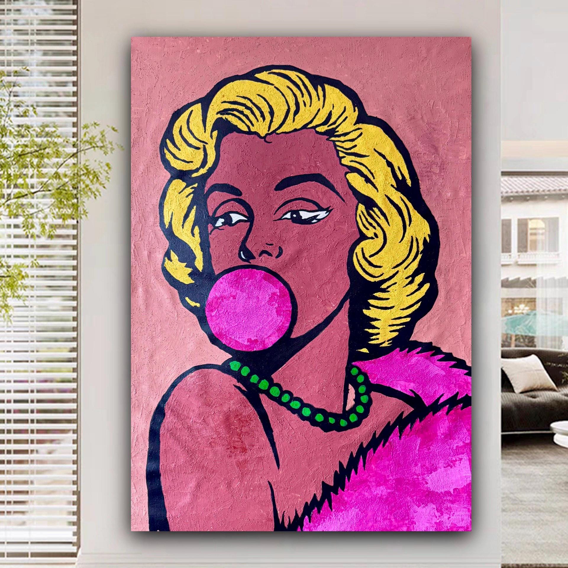 Original Acrylic Pop Art Portrait on Canvas, Expressionist Woman with Bubblegum (24x36 inch)