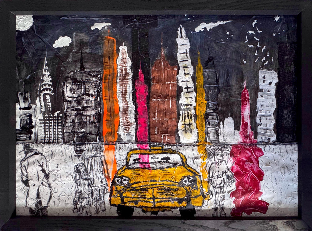 Abstract New York Skyline Art, Manhattan City Painting, Textured Mixed Media Artwork, Framed Contemporary Urban Wall Art (41.5x30 inch)