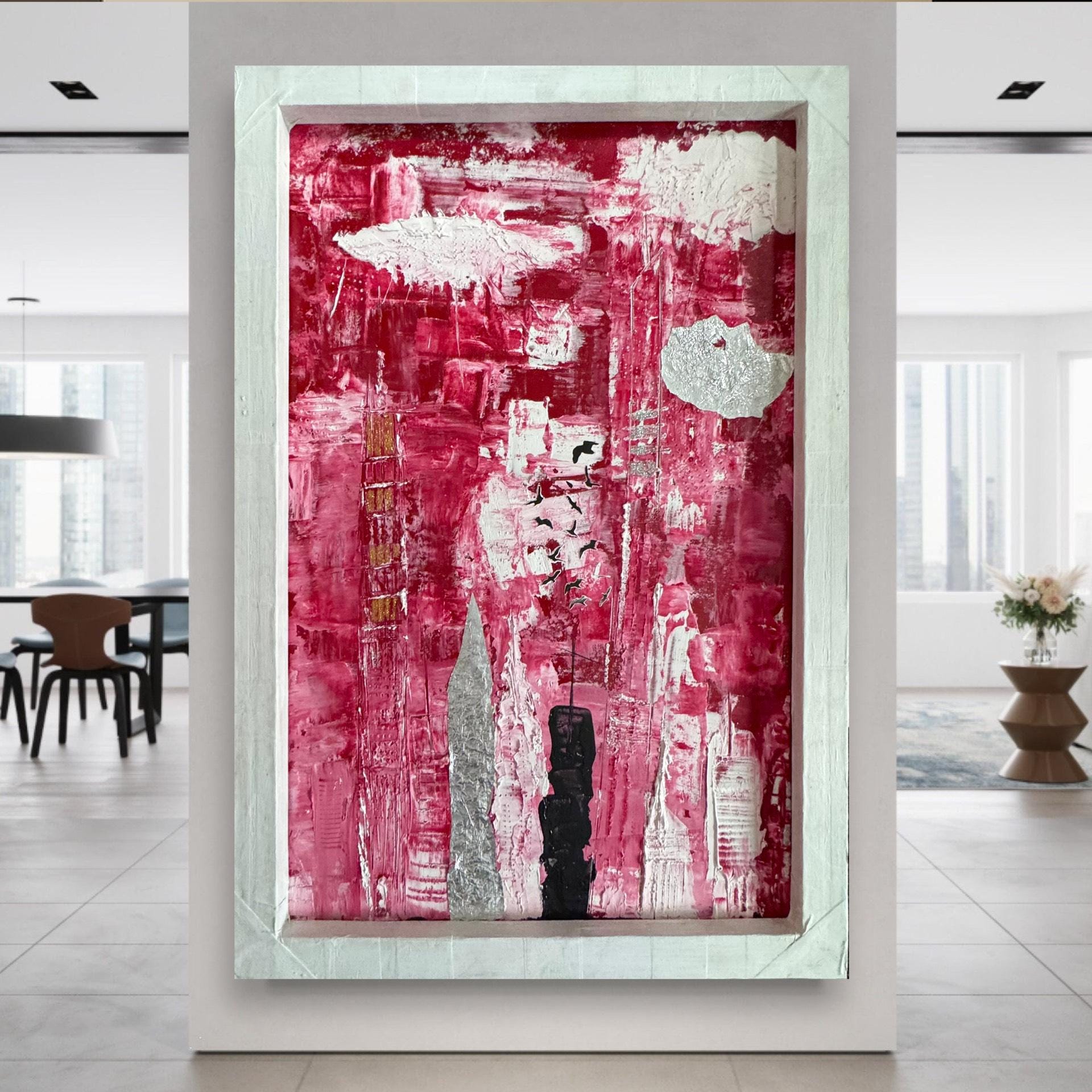 Abstract Manhattan Skyline Painting, Framed Modern Wall Art, Red White Urban Cityscape, Handmade Textured Acrylic Artwork  (21x32 inch)