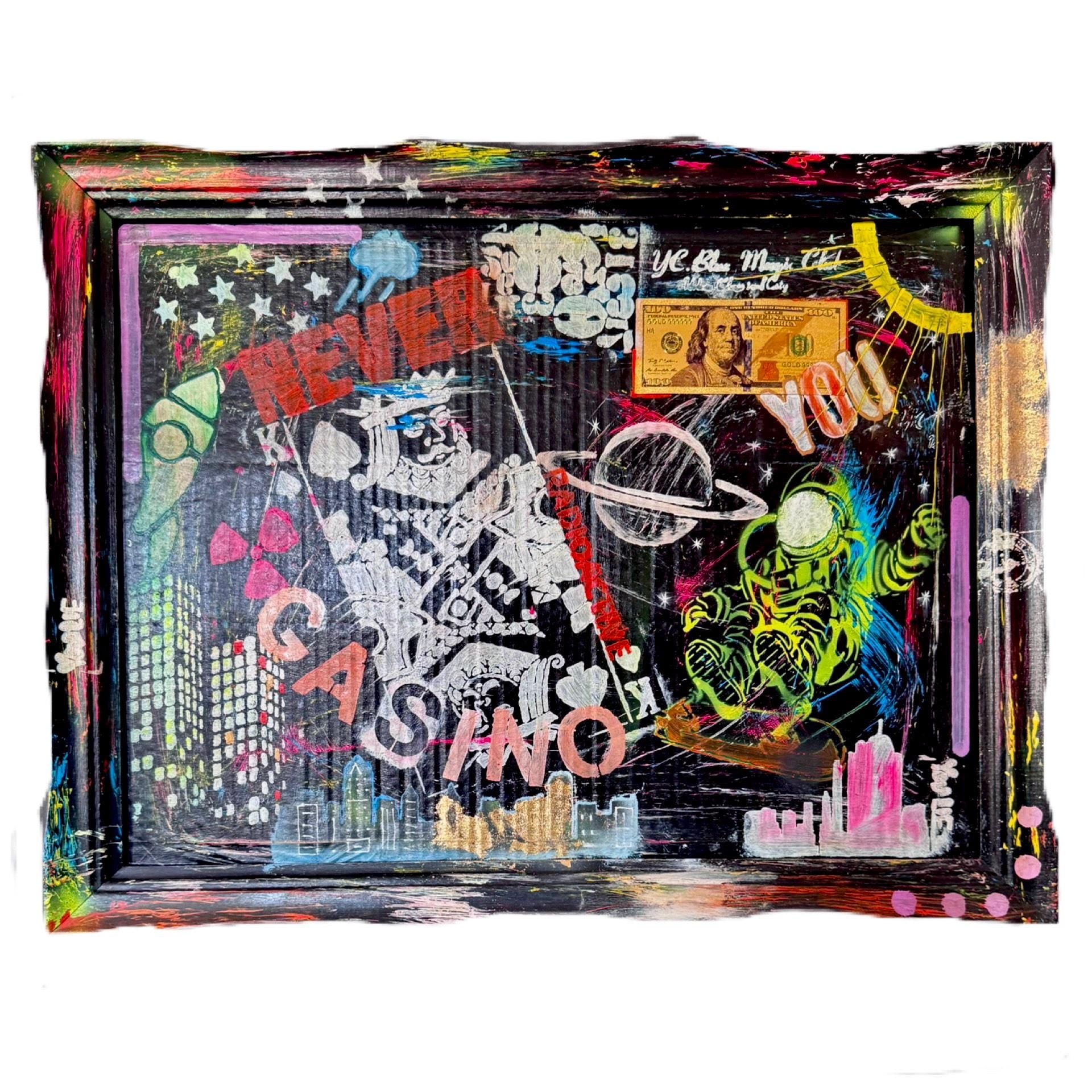 NYC Pop Art Painting: Cosmic Casino, Framed Original Artwork (27x21 inch)