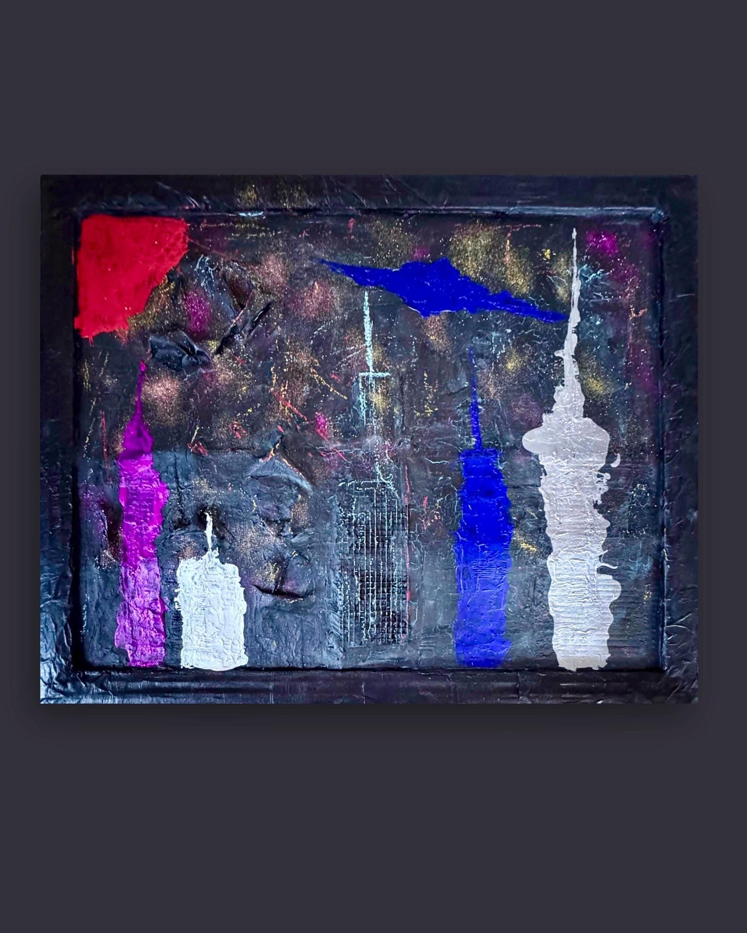 Abstract New York Skyline Mixed Media Art on Wire Mesh, Textured Acrylic Painting, Hand Painted Frame, Contemporary Wall Art(30.5x23.5 inch)