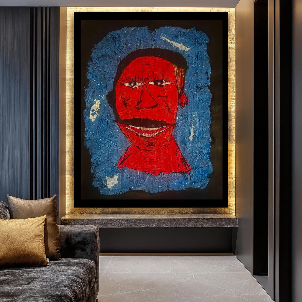 Handmade Abstract Portrait Painting, Red Face Expressionist Art (28x22 inch)