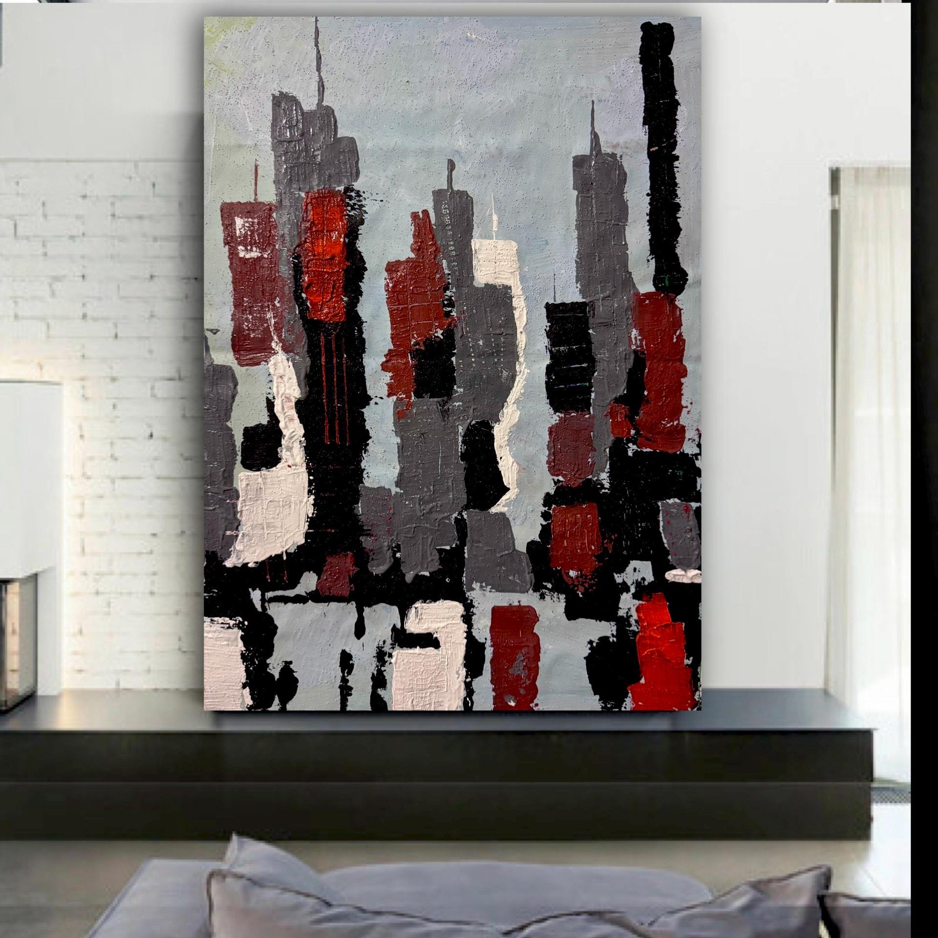 Abstract Manhattan Silhouette with Textured Acrylic Layers on Canvas (18.5x26 inch)