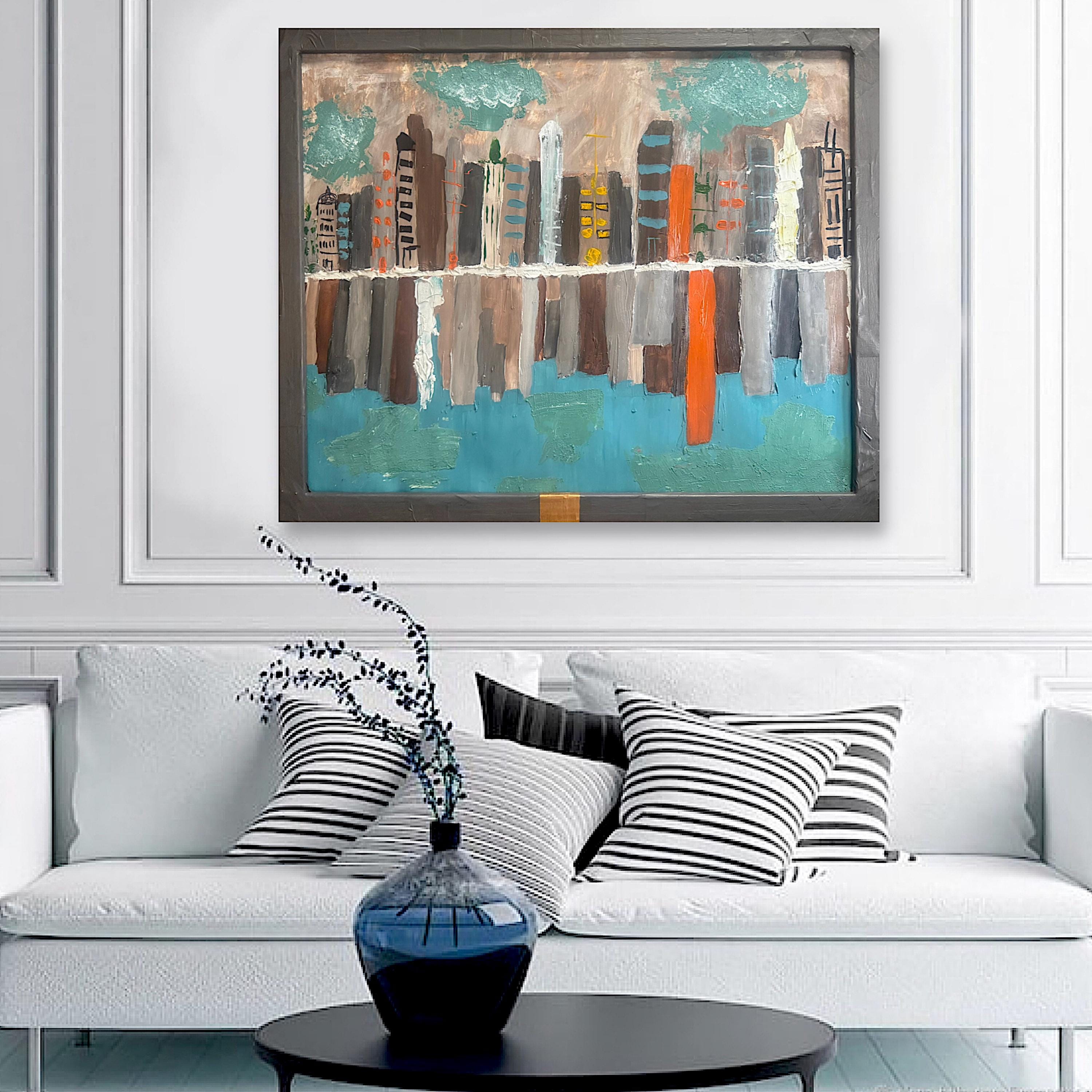 Framed Abstract American City Skyline Painting, Hand Painting Acrylic Texture Art on Reinforced Poster, Modern Wall Art (29x24 inch)