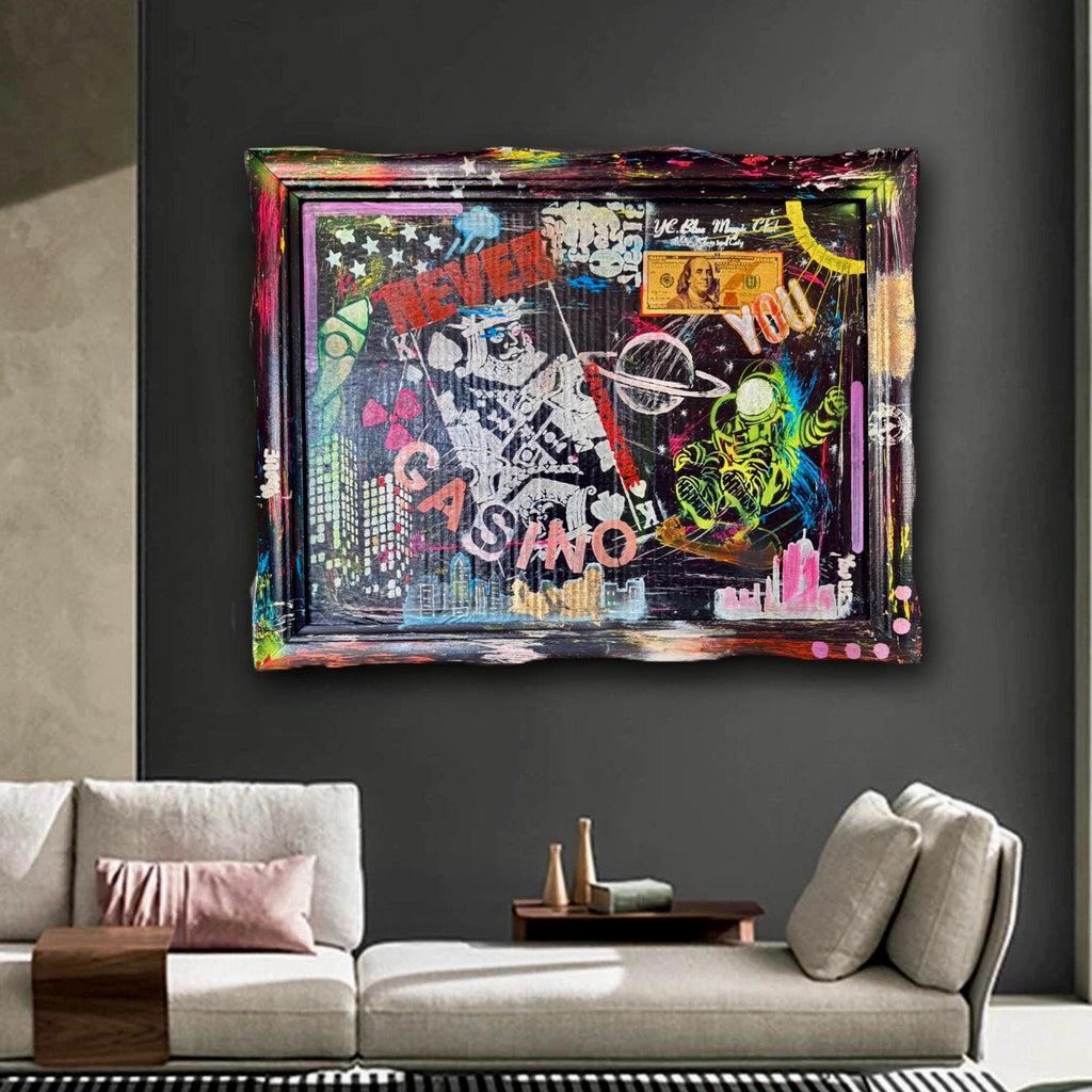 NYC Pop Art Painting: Cosmic Casino, Framed Original Artwork (27x21 inch)