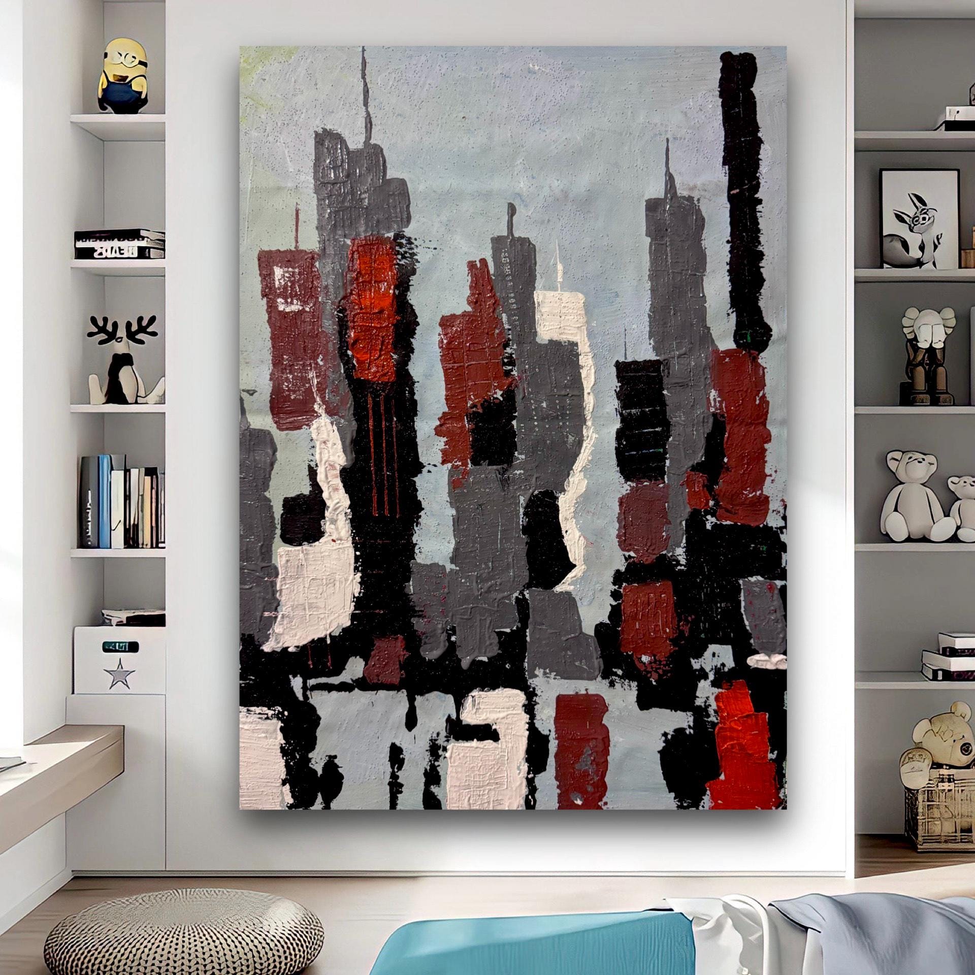 Abstract Manhattan Silhouette with Textured Acrylic Layers on Canvas (18.5x26 inch)